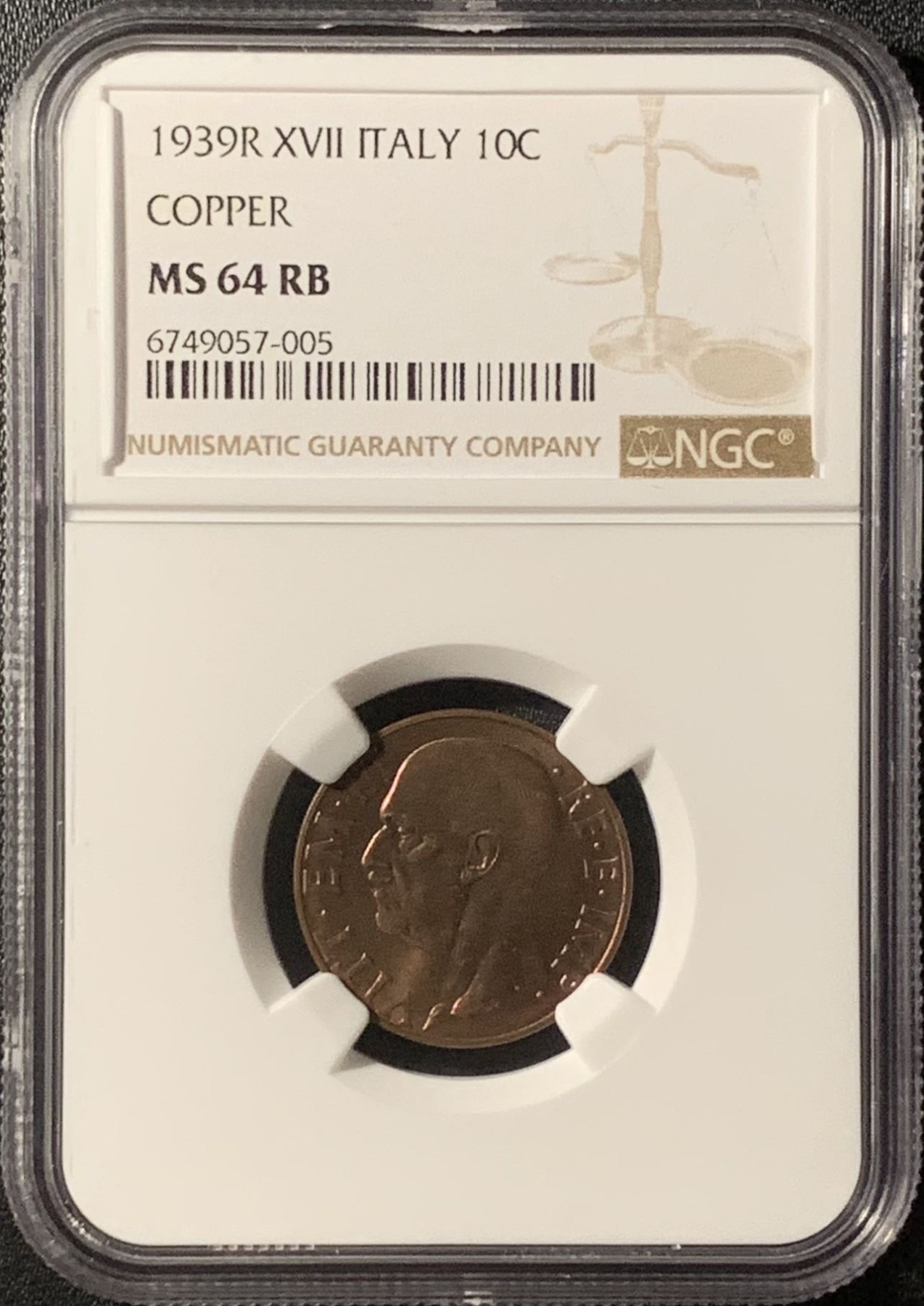 紫瑗钱币——第300期拍卖 意大利 1939年 伊曼纽埃三世 10分 铜币 NGC MS64 RB