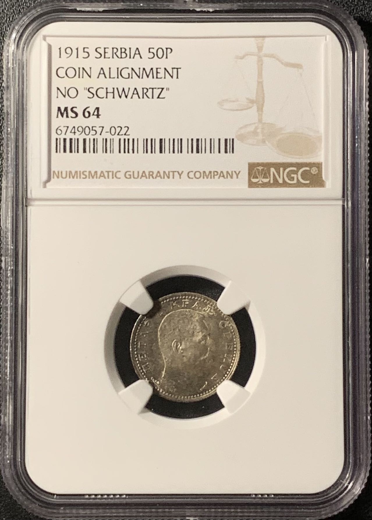 紫瑗钱币——第300期拍卖 塞尔维亚 1915年 彼得一世 50帕拉 无签名版 银币 NGC MS64