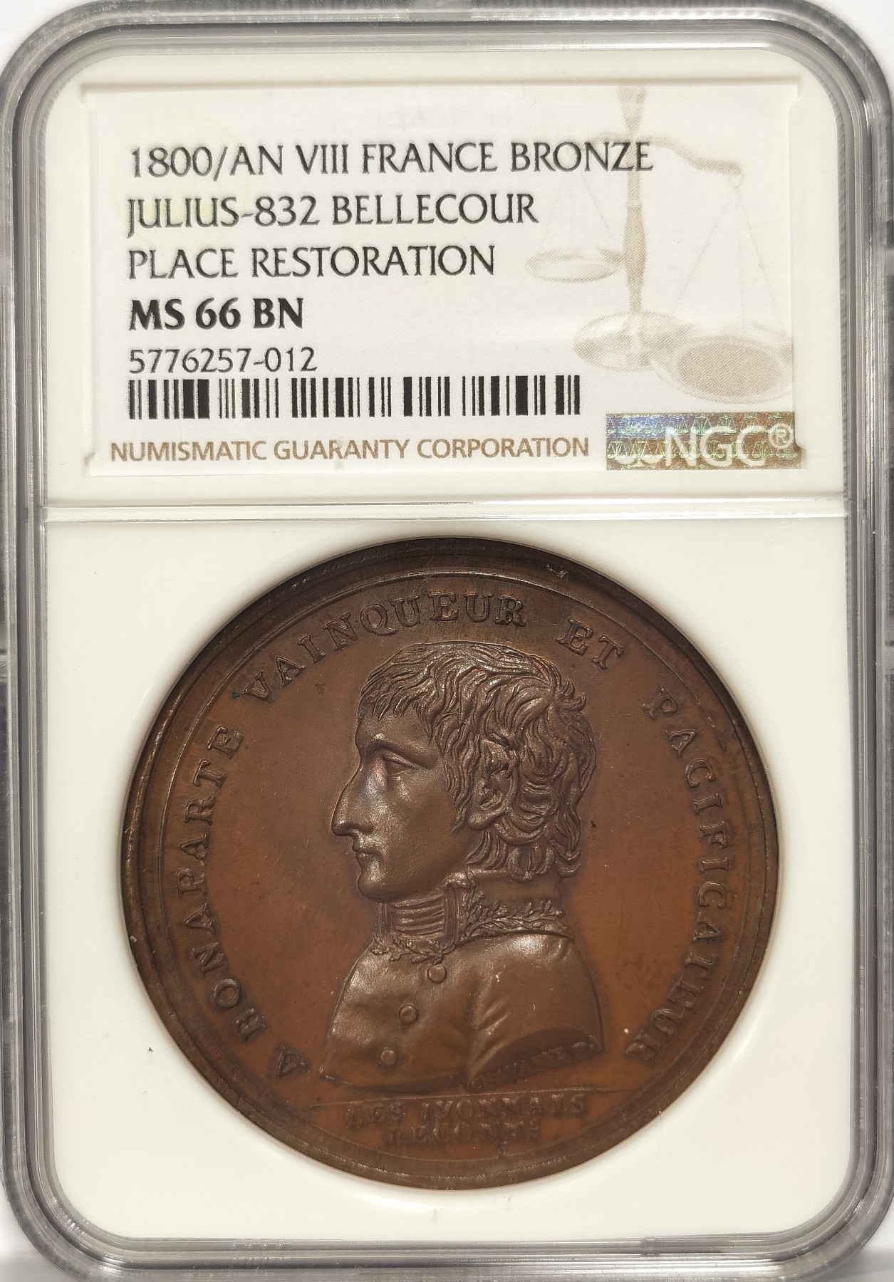 博洋堂“纯白金之夜”精品专场暨第039期（全场包邮） 冠军分！顶级分数！NGC MS66 共和八年（1800年）拿破仑任“执政”时期，记念马伦哥会战铜章，“为庆祝这一伟大的胜利 重新开放这一千年历史的广场，命名为波拿巴广场”。此章直径43mm，重47克，原铸、味道极佳。加厚盒装祯，配NGC高清大图。由雕刻师chavanne.F铸模，拿破仑早期肖像之一。    