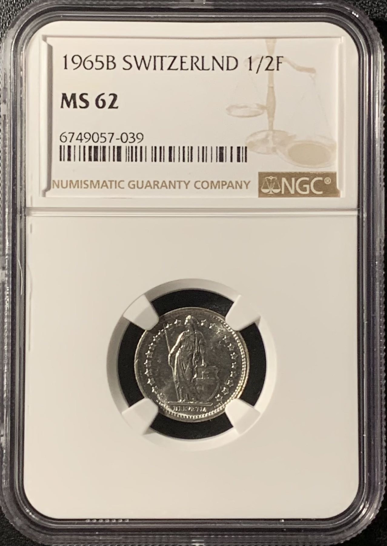 紫瑗钱币——第300期拍卖 瑞士 1965年 赫尔维蒂亚 1/2法郎 银币 NGC MS62