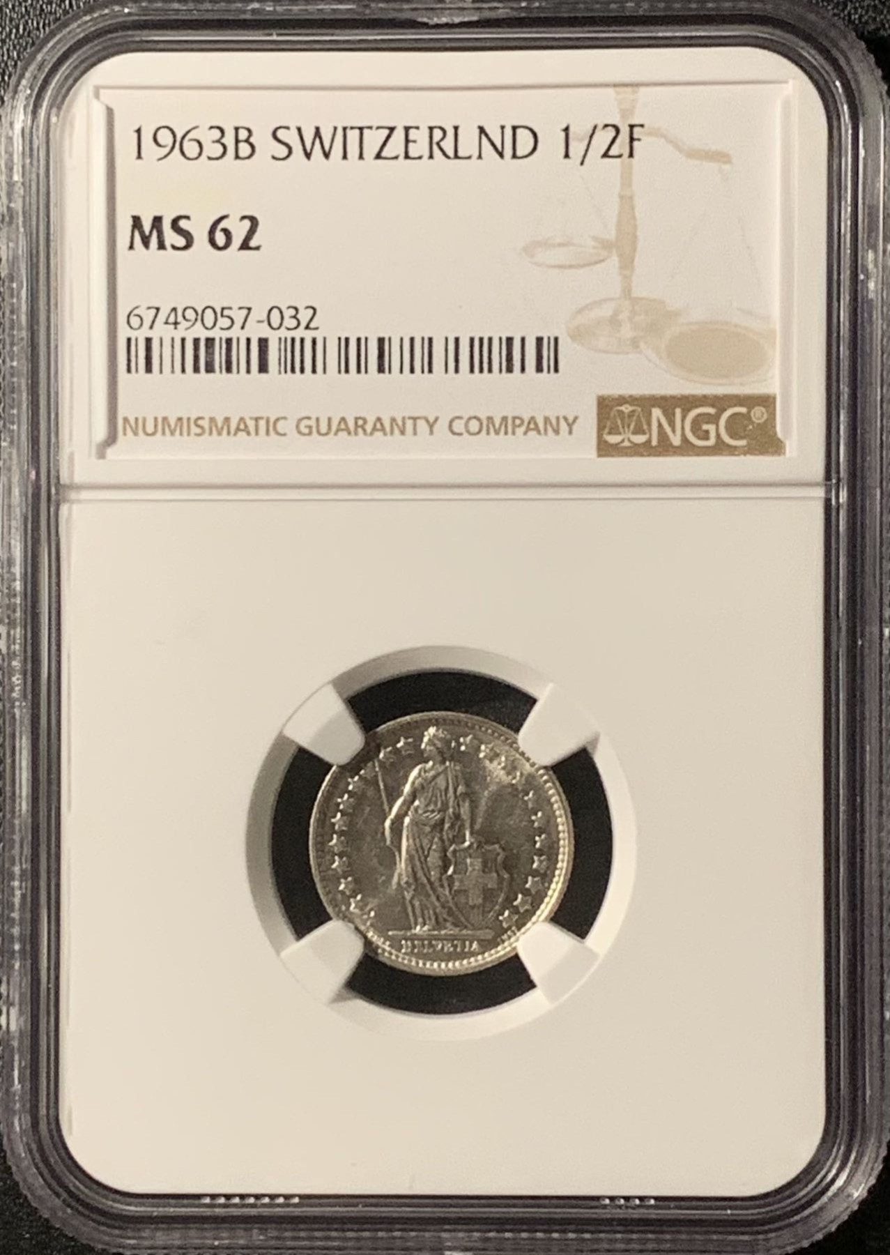 紫瑗钱币——第300期拍卖 瑞士 1963年 赫尔维蒂亚 1/2法郎 银币 NGC MS62