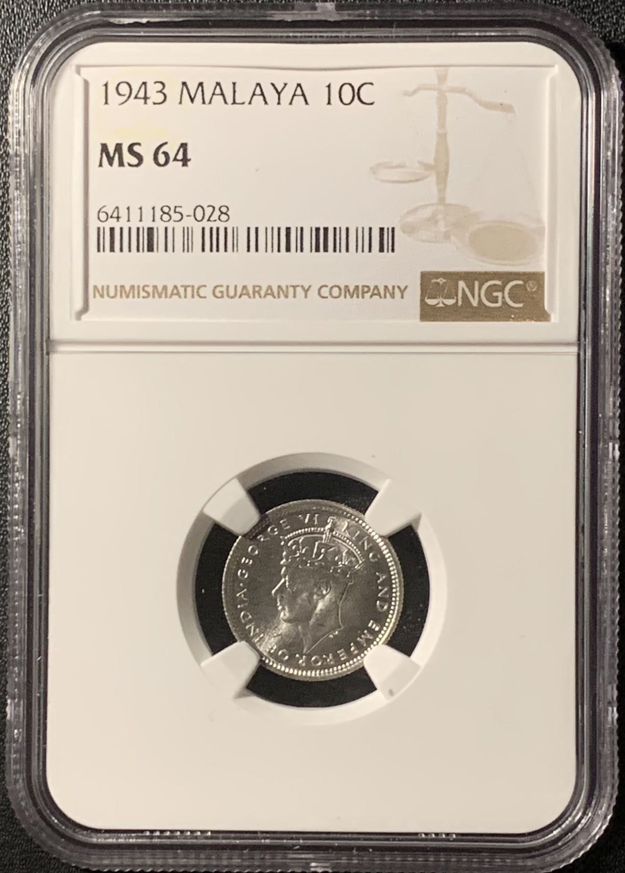 紫瑗钱币——第300期拍卖 马来亚 1943年 乔治六世 10分 银币 NGC MS64