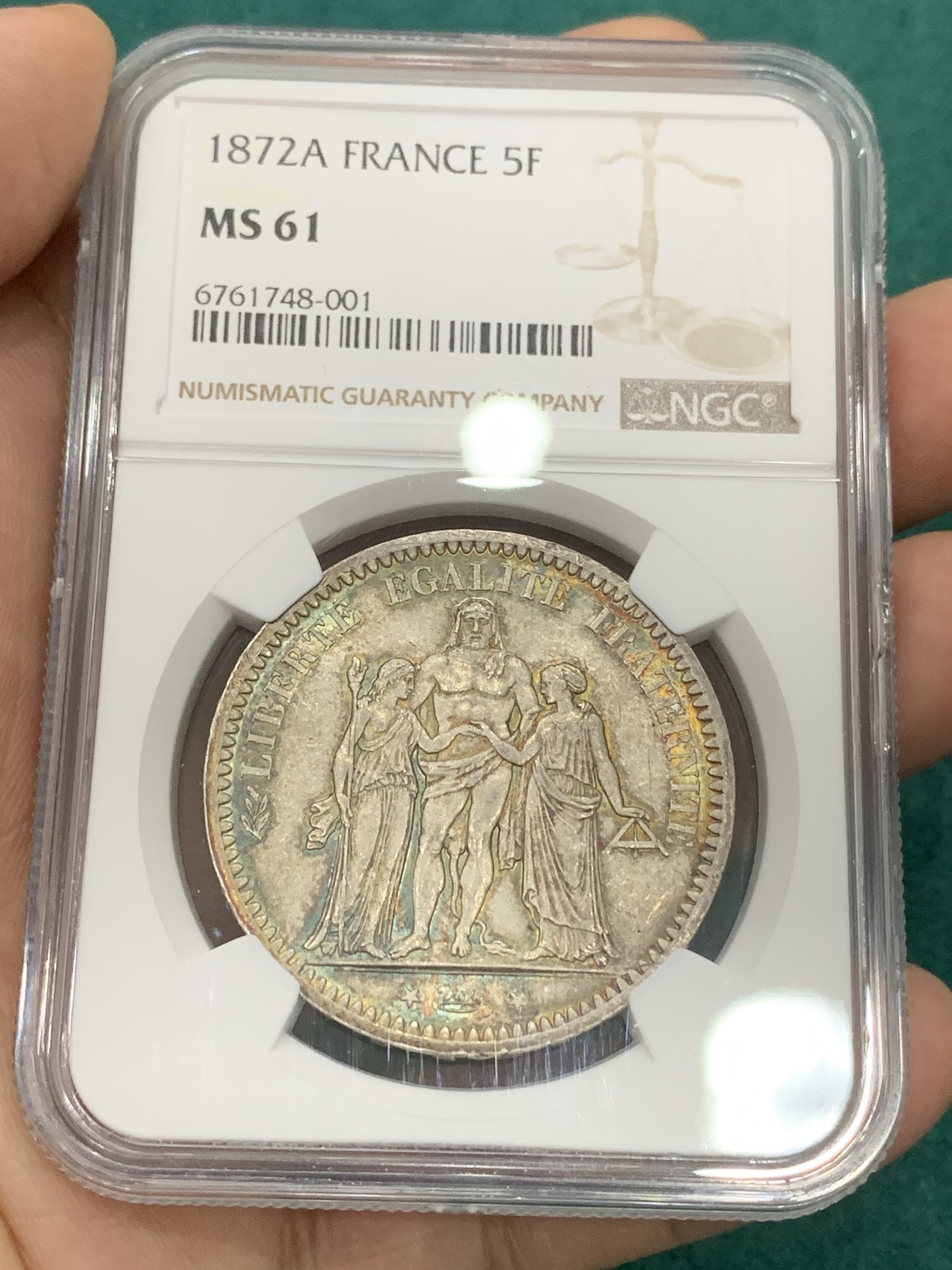 欢迎参加《竞宝斋》为爱冲冲冲 七夕特拍专场 ！第191场 (全场包邮) NGC-MS61 法国 1872年A厂大力神，罕见年份，发行量极少。五彩包浆沁人心脾的美，难得一见的好状态。