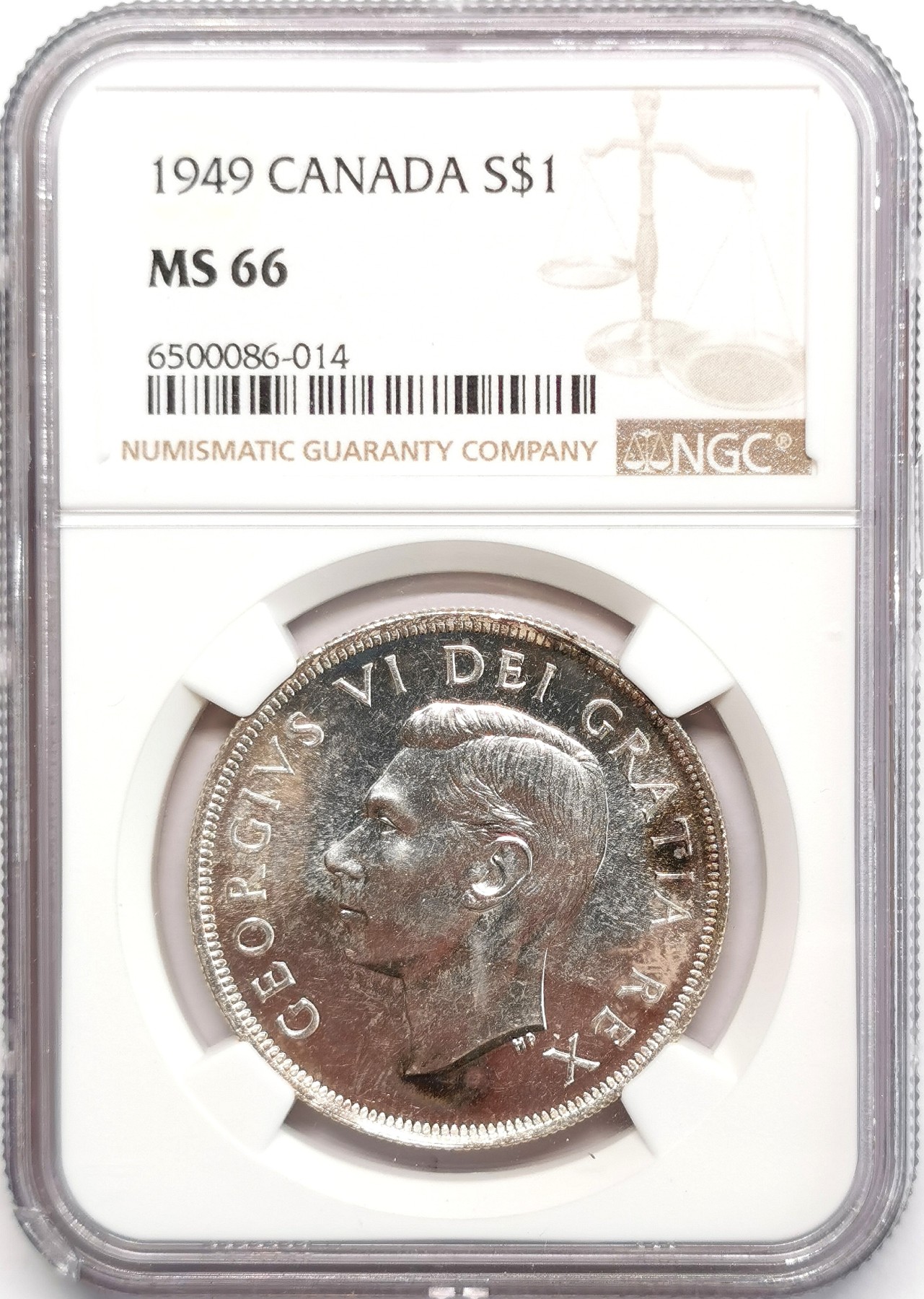 凡希社世界钱币微拍第二百四十八期 1949加拿大乔六壹元大银NGC-MS66