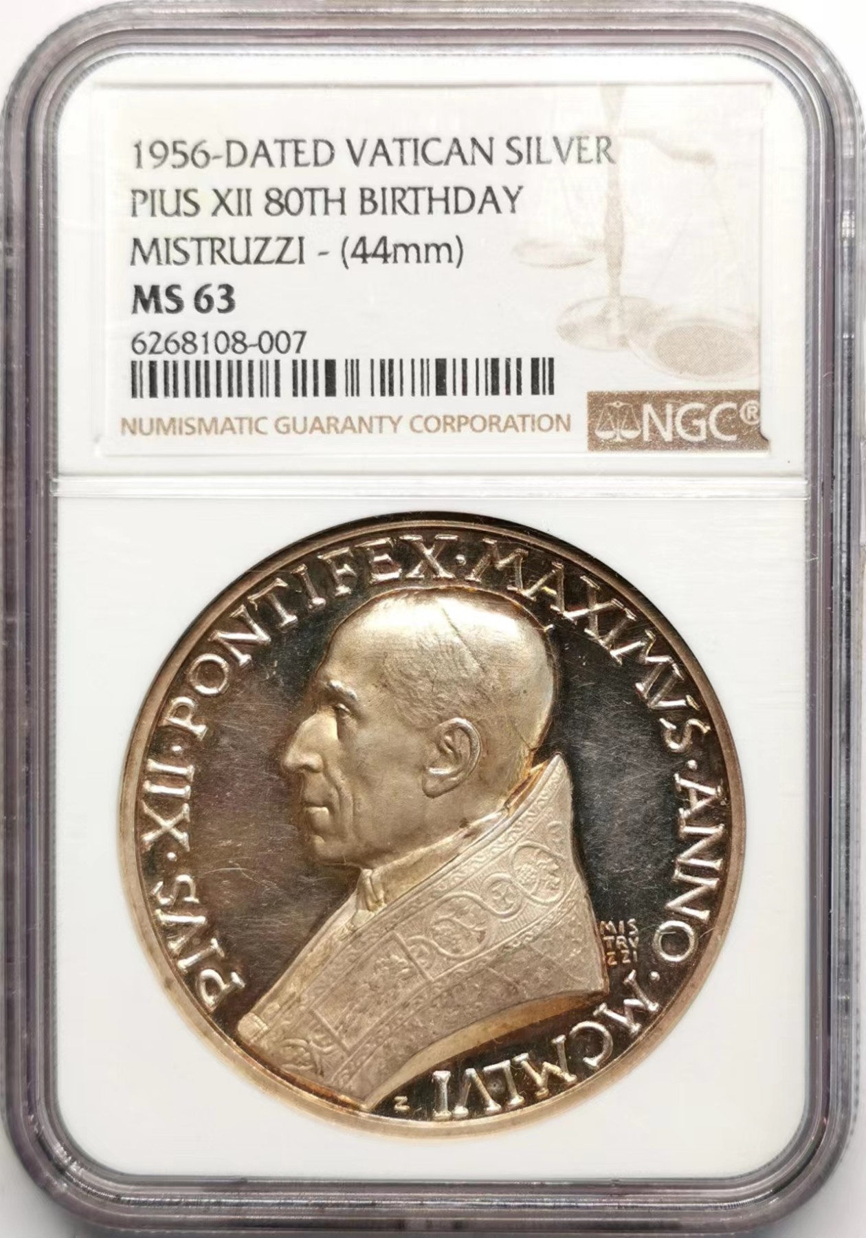 凡希社世界钱币微拍第二百四十八期 1956梵蒂冈庇护十二世80寿辰纪念银章NGC-MS63