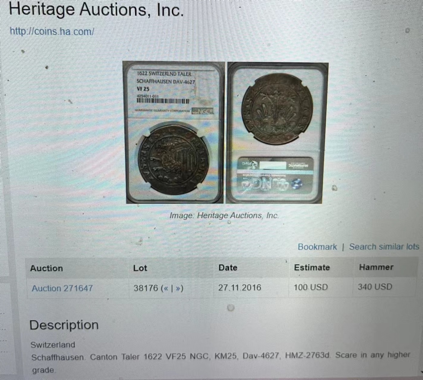凡希社世界钱币微拍第二百四十八期 1622瑞士沙夫豪森泰勒鹿头泰勒大银NGC-XF40唯一冠军！