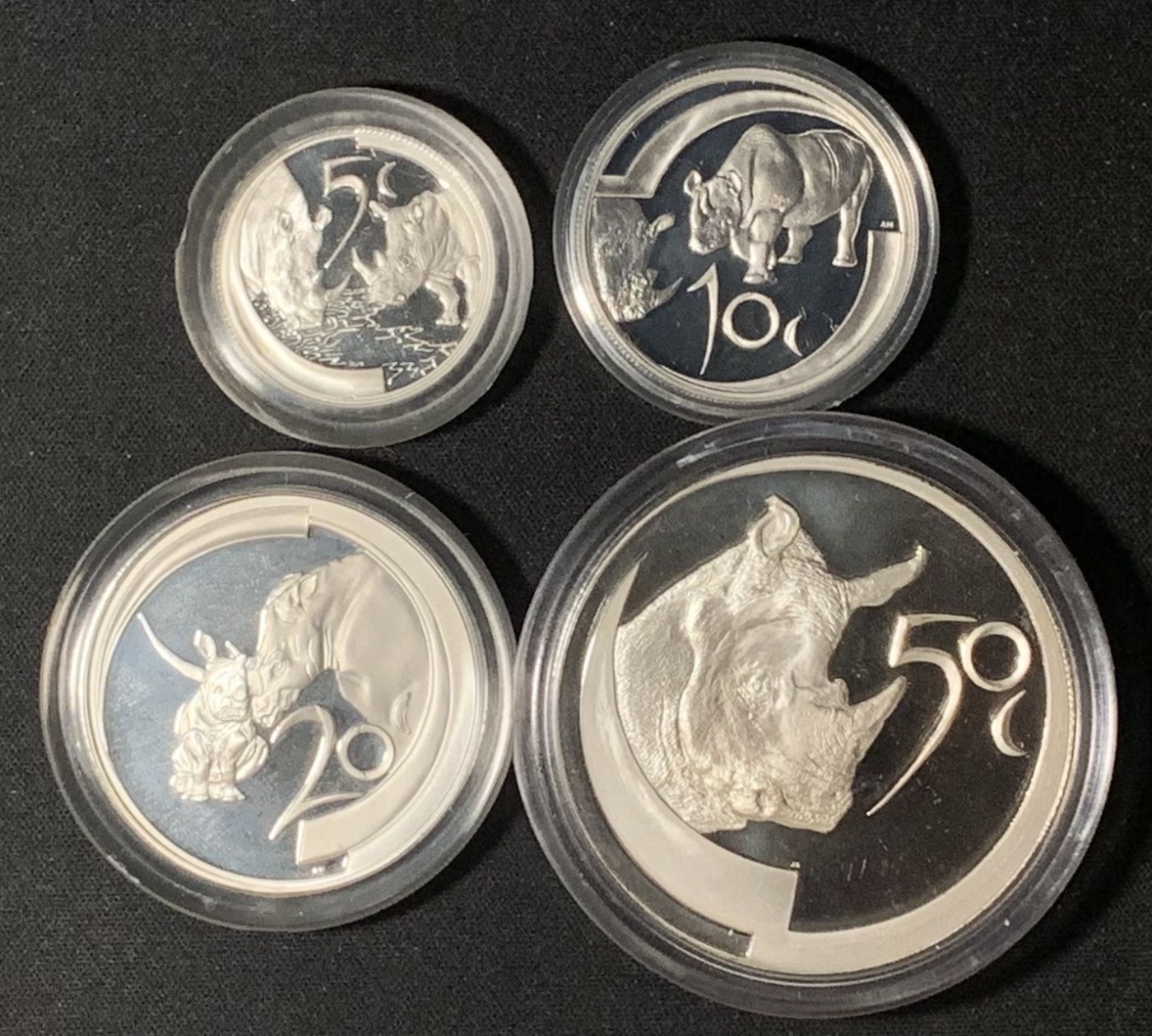 紫瑗钱币——第300期拍卖 南非 2003年 野生动物系类—犀牛 5 10 20 50分  4枚全套 精制带证书