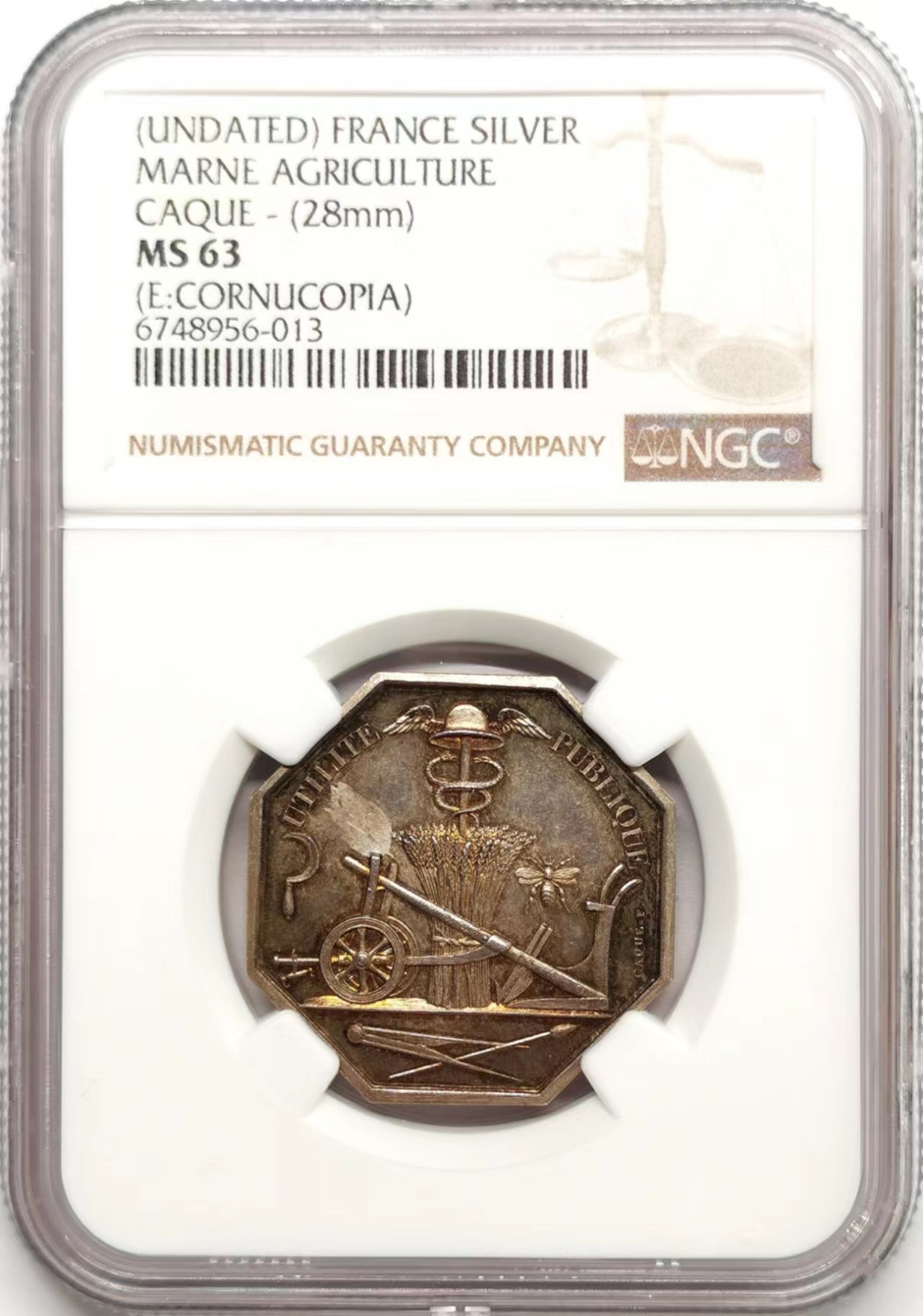 凡希社世界钱币微拍第二百四十八期 十九世纪法国马恩农业协会八角银章NGC-MS63