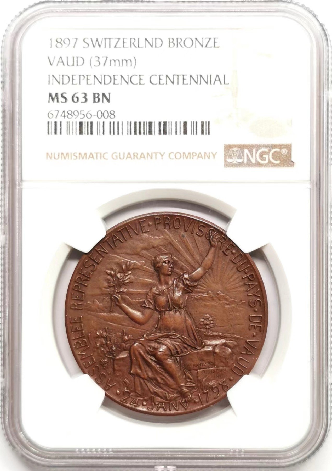 凡希社世界钱币微拍第二百四十八期 1897瑞士沃州独立百年纪念铜章NGC-MS63