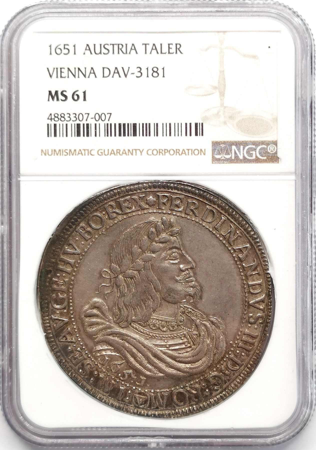 凡希社世界钱币微拍第二百四十八期 稀！1651神罗斐迪南三世桂冠像泰勒大银NGC-MS61罕见版式压箱底品质！