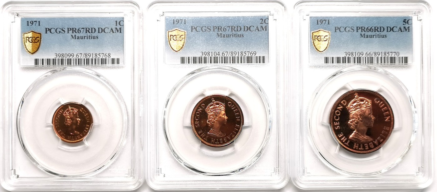 凡希社世界钱币微拍第二百四十八期 1971毛里求斯精铸铜币三枚一组PCGS-PF66/67/67