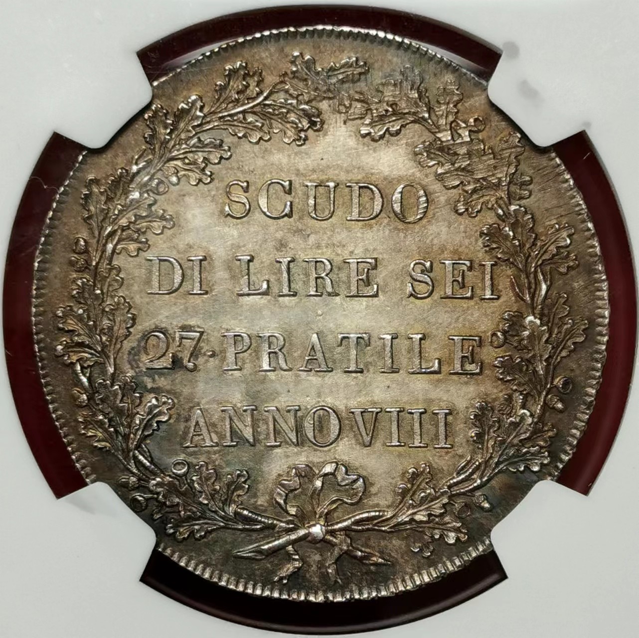 凡希社世界钱币微拍第二百四十八期 1800意大利阿尔卑斯山南共和国拿破仑马伦哥战役SCUDO大银NGC-AU58墨绿油彩实物极好！