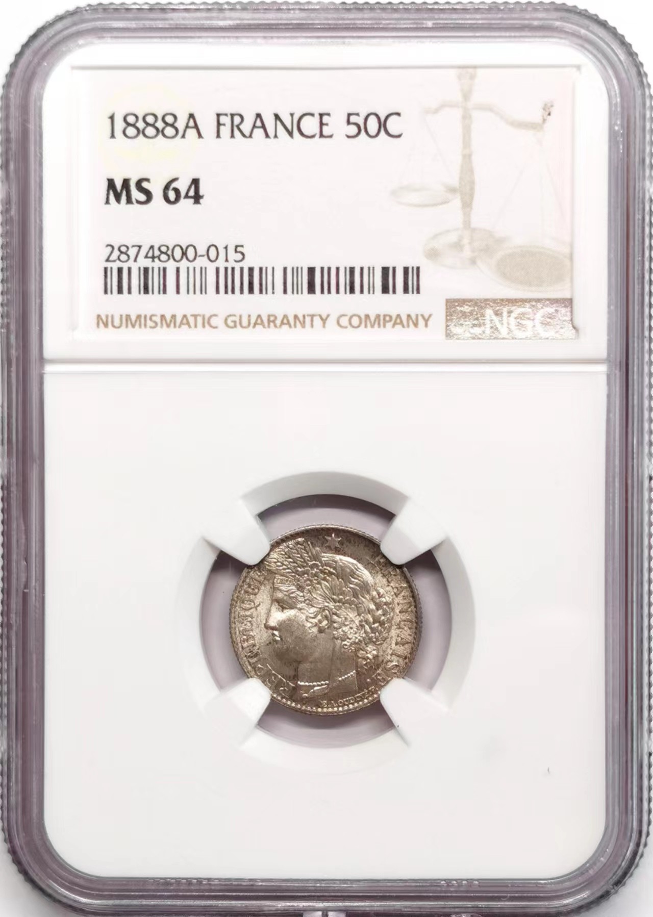 凡希社世界钱币微拍第二百四十八期 1888法国丰收女神50生丁银币NGC-MS64