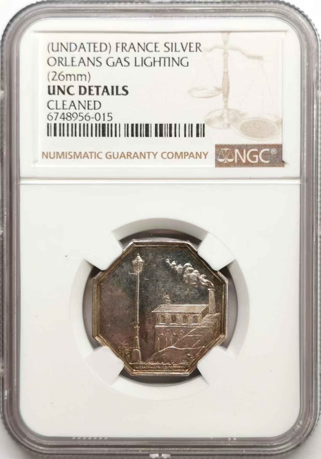 凡希社世界钱币微拍第二百四十八期 十九世纪法国奥尔良燃气公司八角银章NGC-UNCD