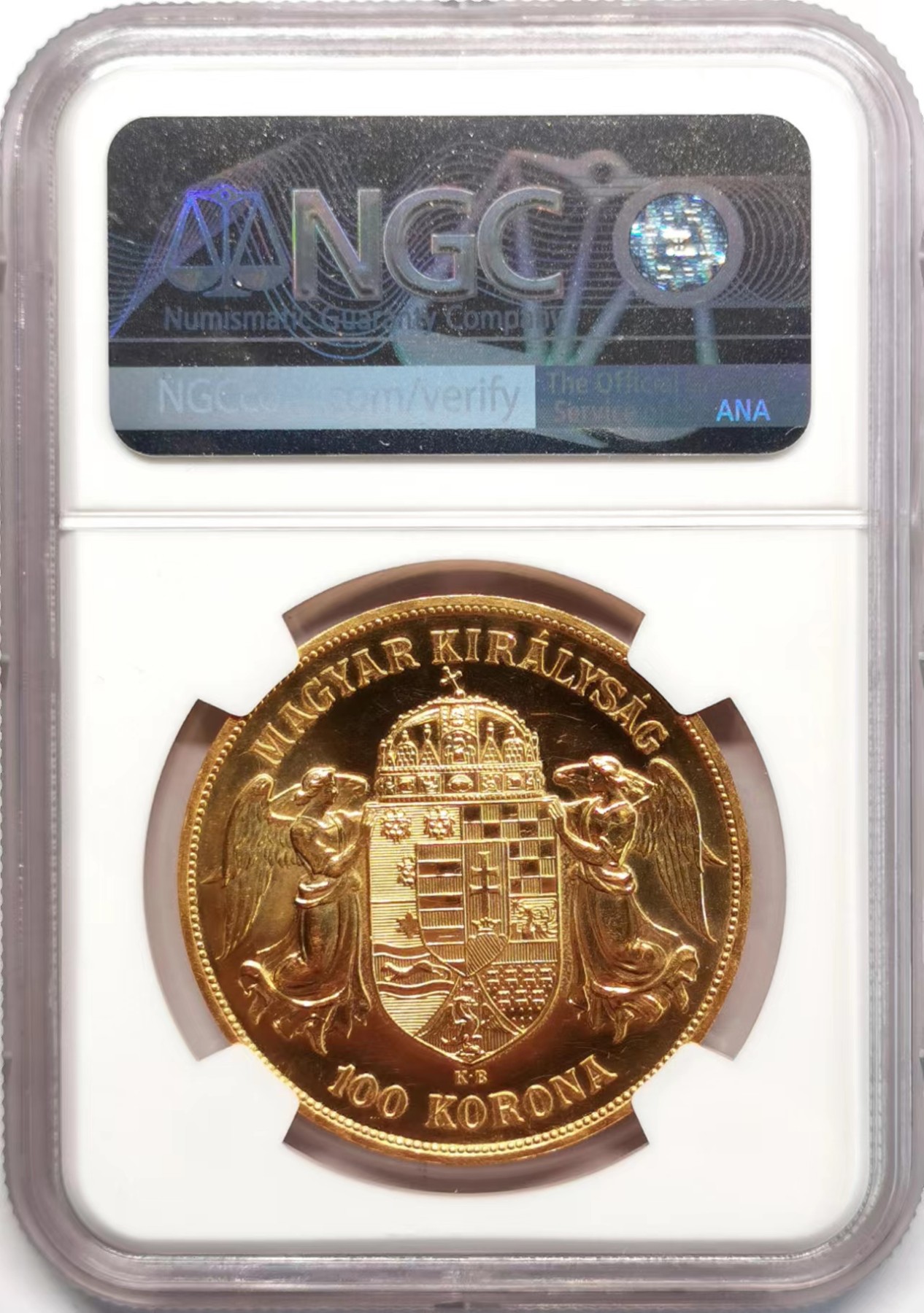凡希社世界钱币微拍第二百四十八期 荐！1908KB匈牙利100科罗纳金币NGC-PF66天使护持皇冠 33.87g 900金！