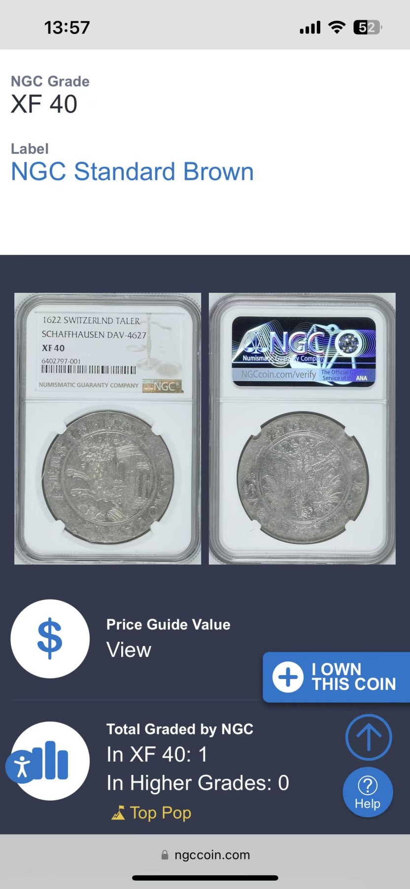 凡希社世界钱币微拍第二百四十八期 1622瑞士沙夫豪森泰勒鹿头泰勒大银NGC-XF40唯一冠军！