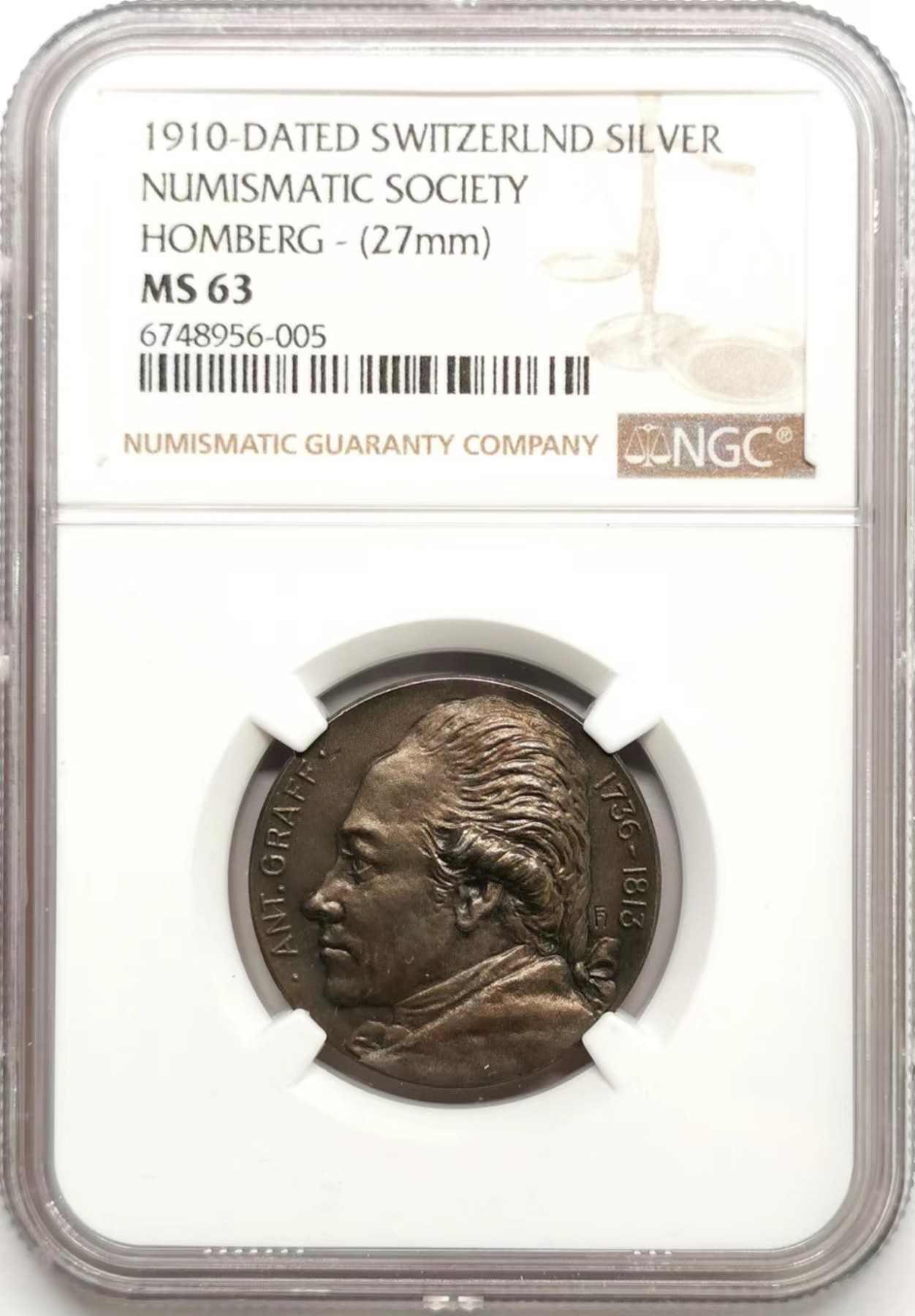 凡希社世界钱币微拍第二百四十八期 1910瑞士钱币协会纪念银章NGC-MS63洪堡像少见品种！