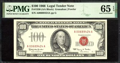 草稿银行第九期国内外钞票硬币拍卖 - 美国 1966年100美金，红色库印，上印富兰克林总统像，第一版签名，早期美国财政部发行，最大面值双A冠，较少见！ PMG 65