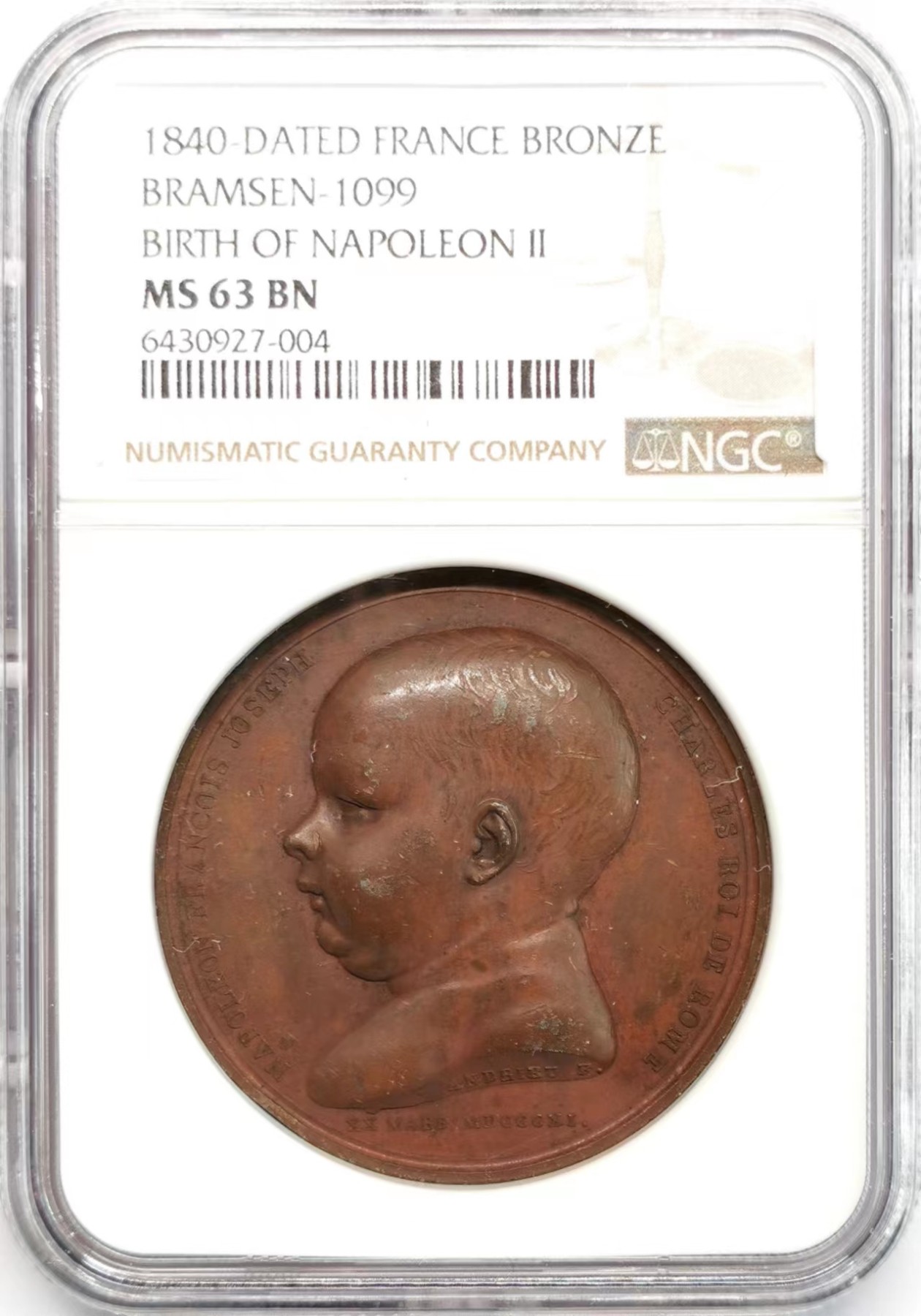 凡希社世界钱币微拍第二百四十八期 1840法国拿破仑幼子罗马王的诞生纪念铜章NGC-MS63附藏家标签纸！