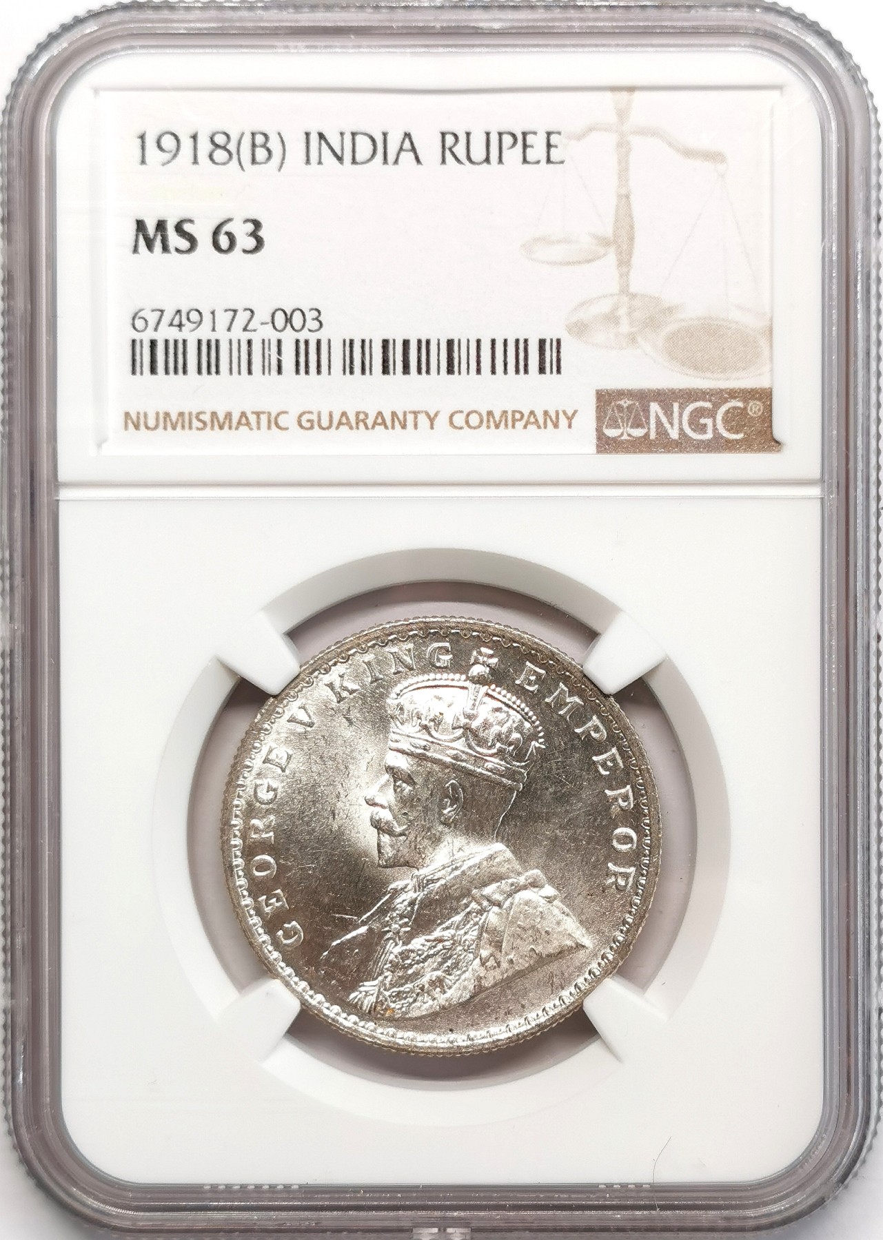 凡希社世界钱币微拍第二百四十八期 1918B英属印度乔五卢比NGC-MS63原色银光！