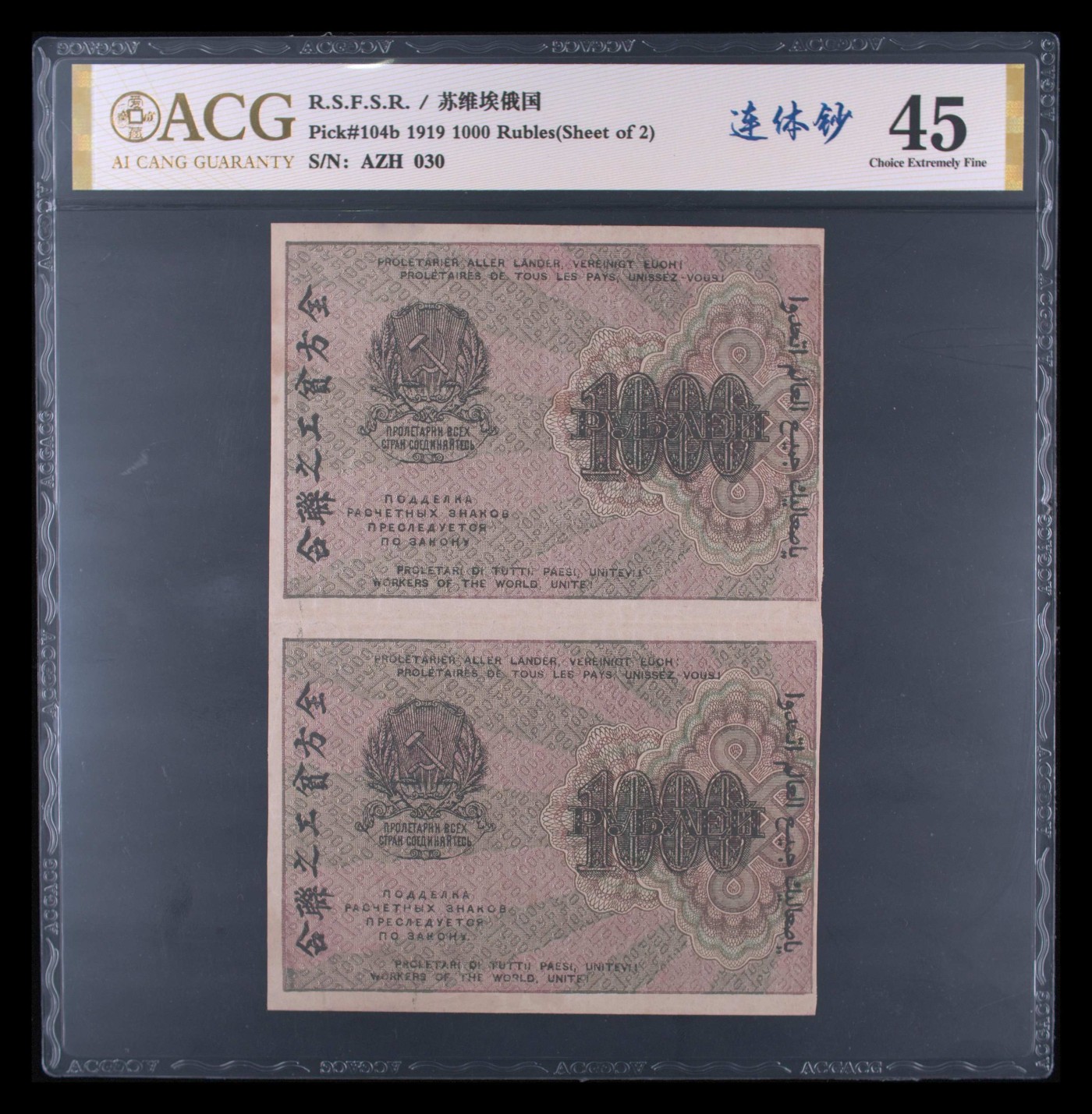 和八月说再见 1919年苏联苏维埃1000卢布。两连体