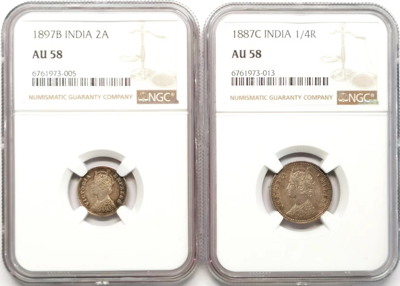 凡希社世界钱币微拍第二百四十八期 英属印度1/4卢比/2安那银币两枚一组NGC