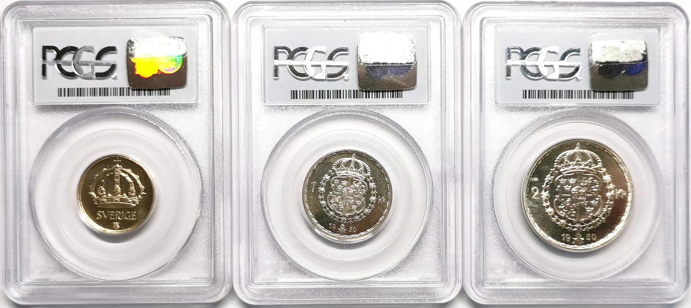 凡希社世界钱币微拍第二百四十八期 1950瑞典流通版三枚套PCGS-PL64/65/66二银一镍类镜面工艺！