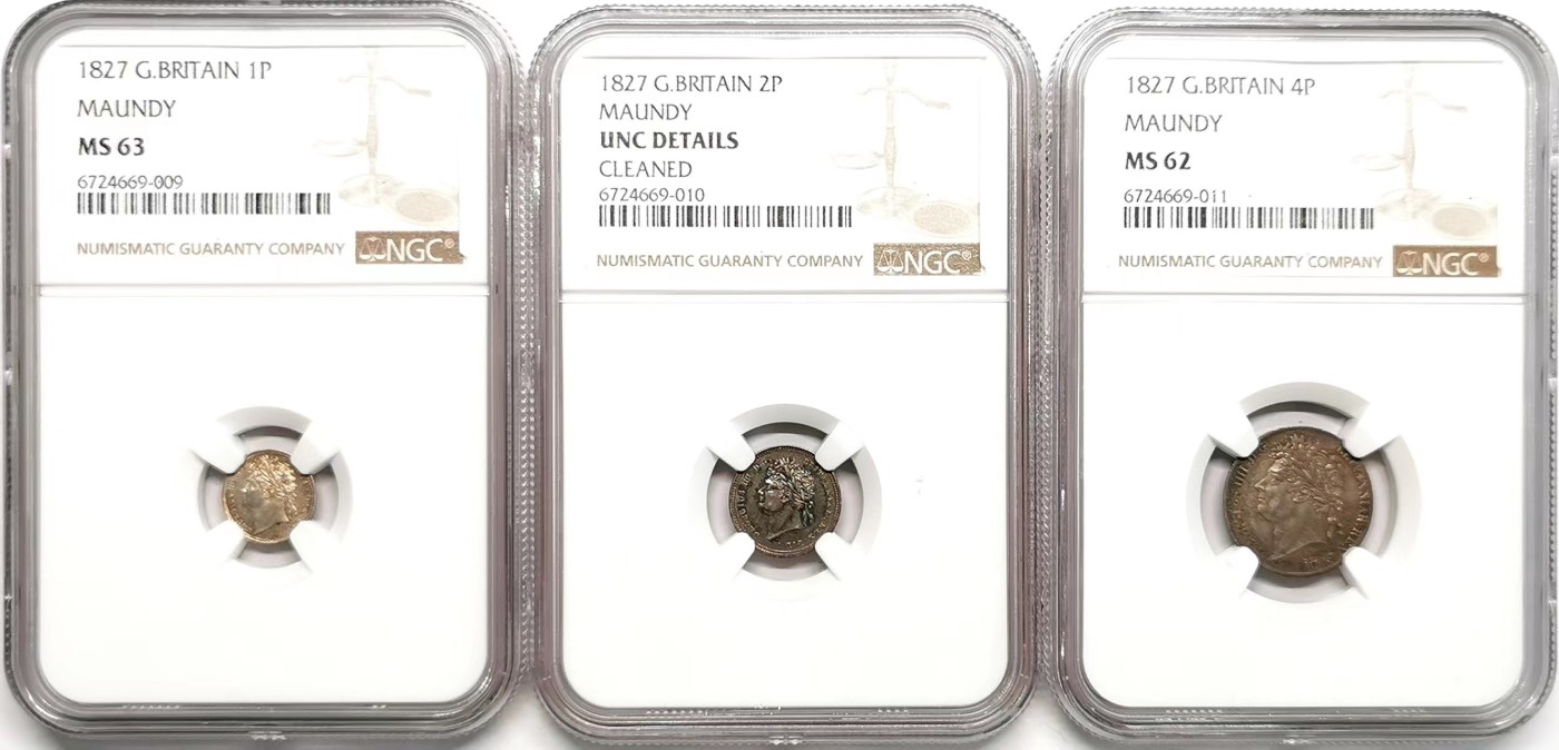 凡希社世界钱币微拍第二百四十八期 1827英国乔四濯足币三枚一组NGC