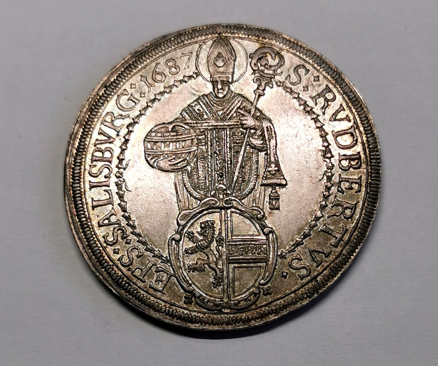 凡希社世界钱币微拍第二百四十八期 1687奥地利萨尔茨堡主教区泰勒大银AU/UNC淡紫金包浆！