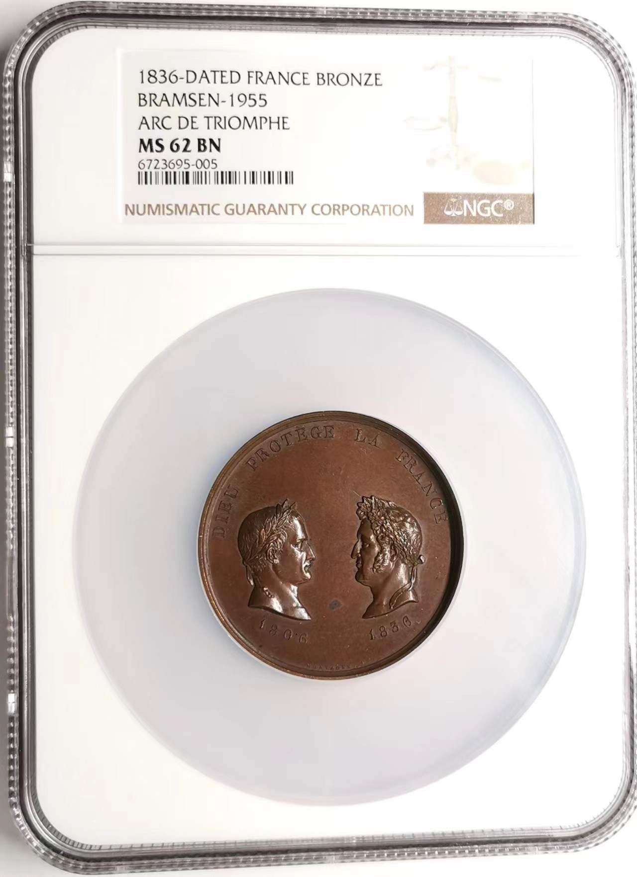 凡希社世界钱币微拍第二百四十八期 1836法国天佑法兰西从拿破仑到路易菲利普执政三十年纪念铜章NGC-MS63凯旋门！