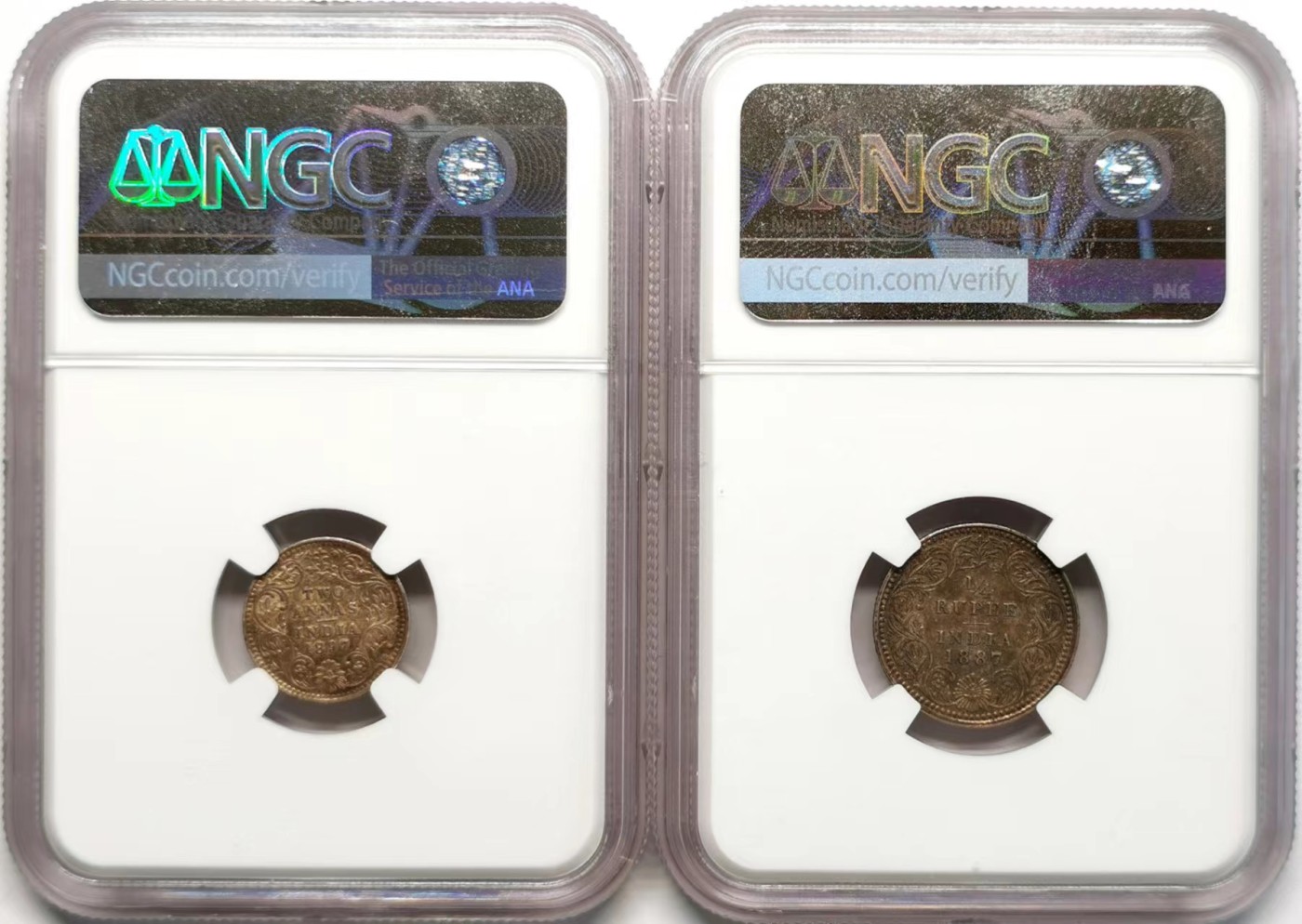 凡希社世界钱币微拍第二百四十八期 英属印度1/4卢比/2安那银币两枚一组NGC