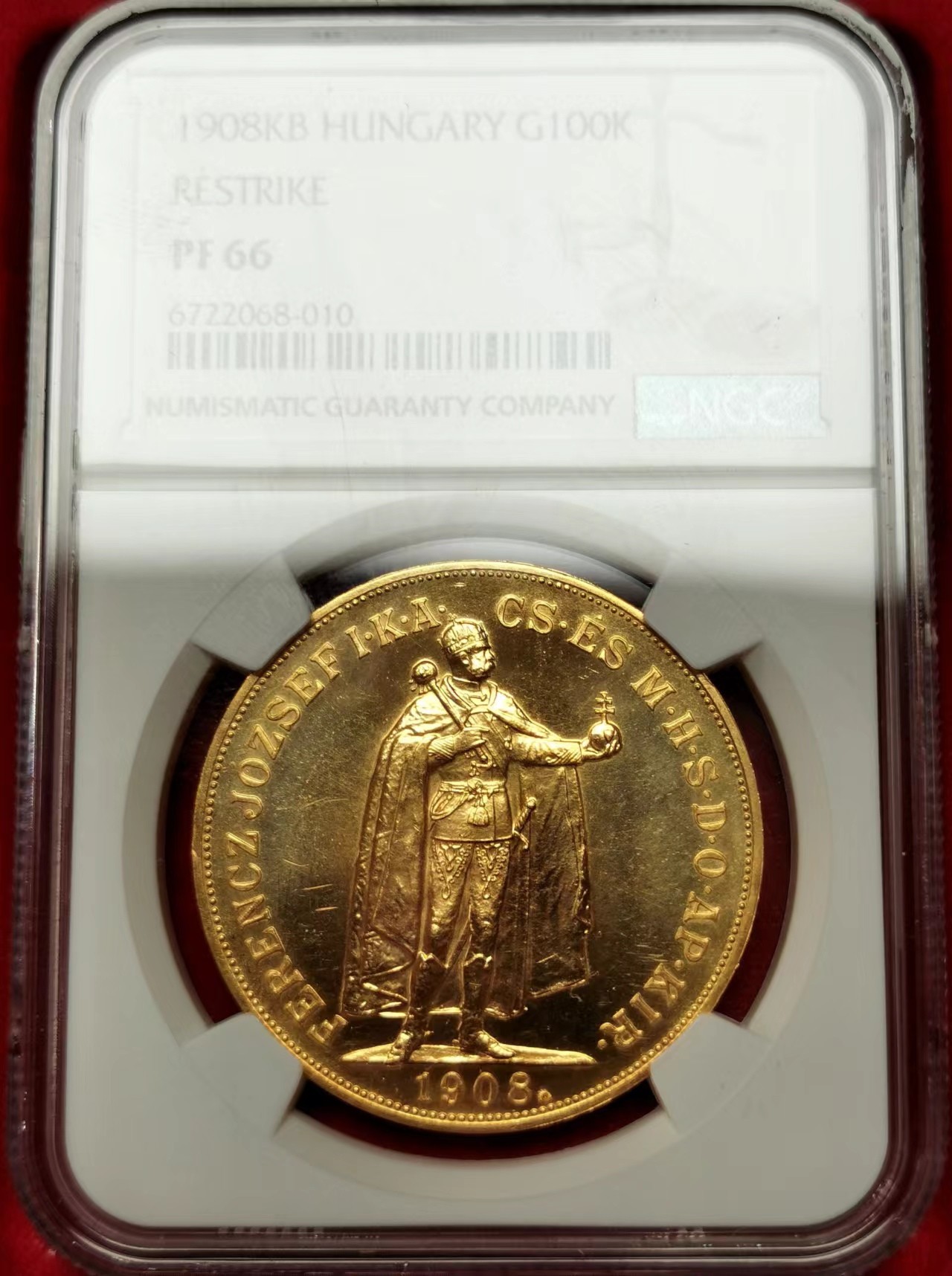 凡希社世界钱币微拍第二百四十八期 荐！1908KB匈牙利100科罗纳金币NGC-PF66天使护持皇冠 33.87g 900金！