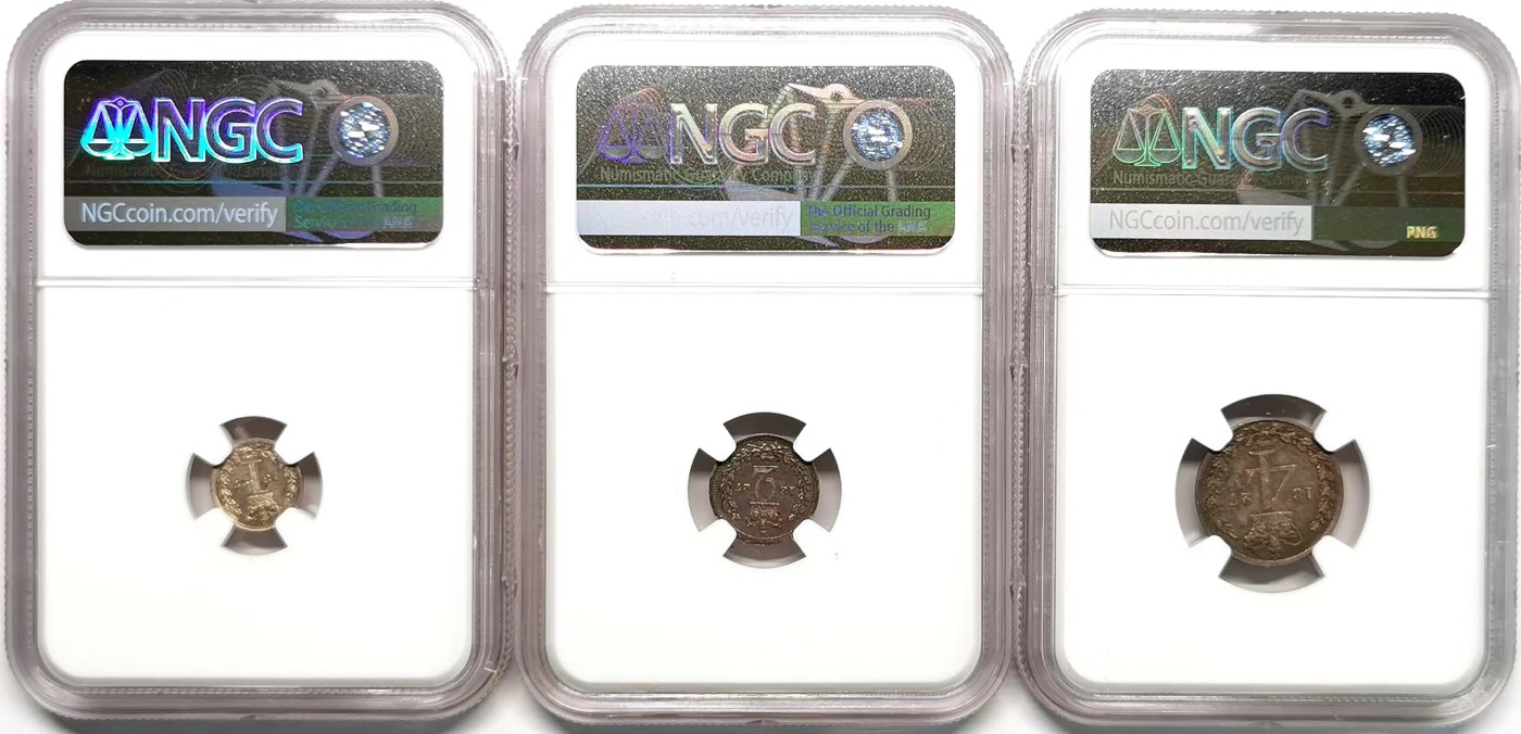 凡希社世界钱币微拍第二百四十八期 1827英国乔四濯足币三枚一组NGC
