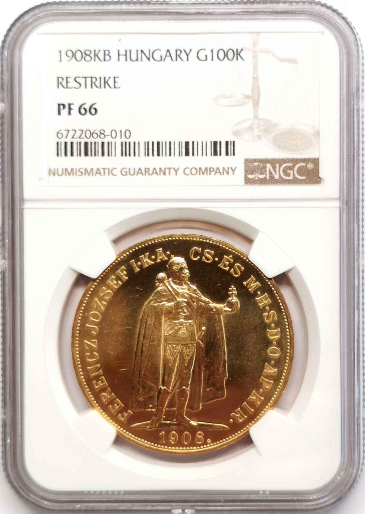 凡希社世界钱币微拍第二百四十八期 荐！1908KB匈牙利100科罗纳金币NGC-PF66天使护持皇冠 33.87g 900金！