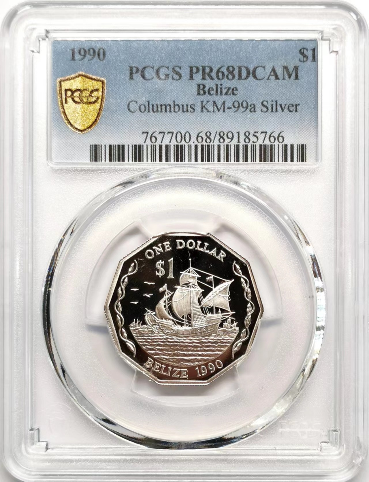 凡希社世界钱币微拍第二百四十八期 1990伯利兹哥伦布纪念dollar银币精铸PCGS-PR68DCAM