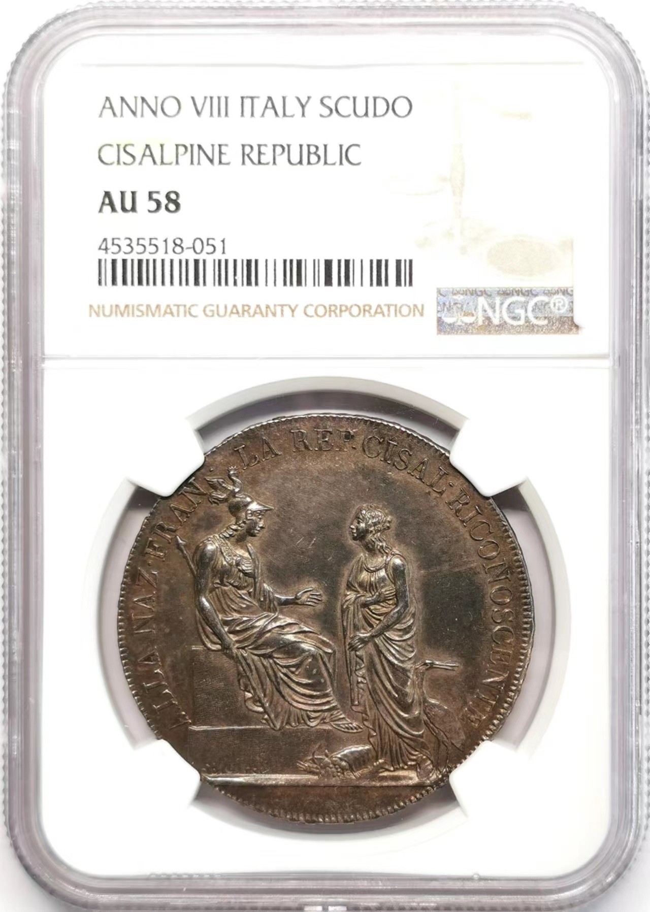 凡希社世界钱币微拍第二百四十八期 1800意大利阿尔卑斯山南共和国拿破仑马伦哥战役SCUDO大银NGC-AU58墨绿油彩实物极好！