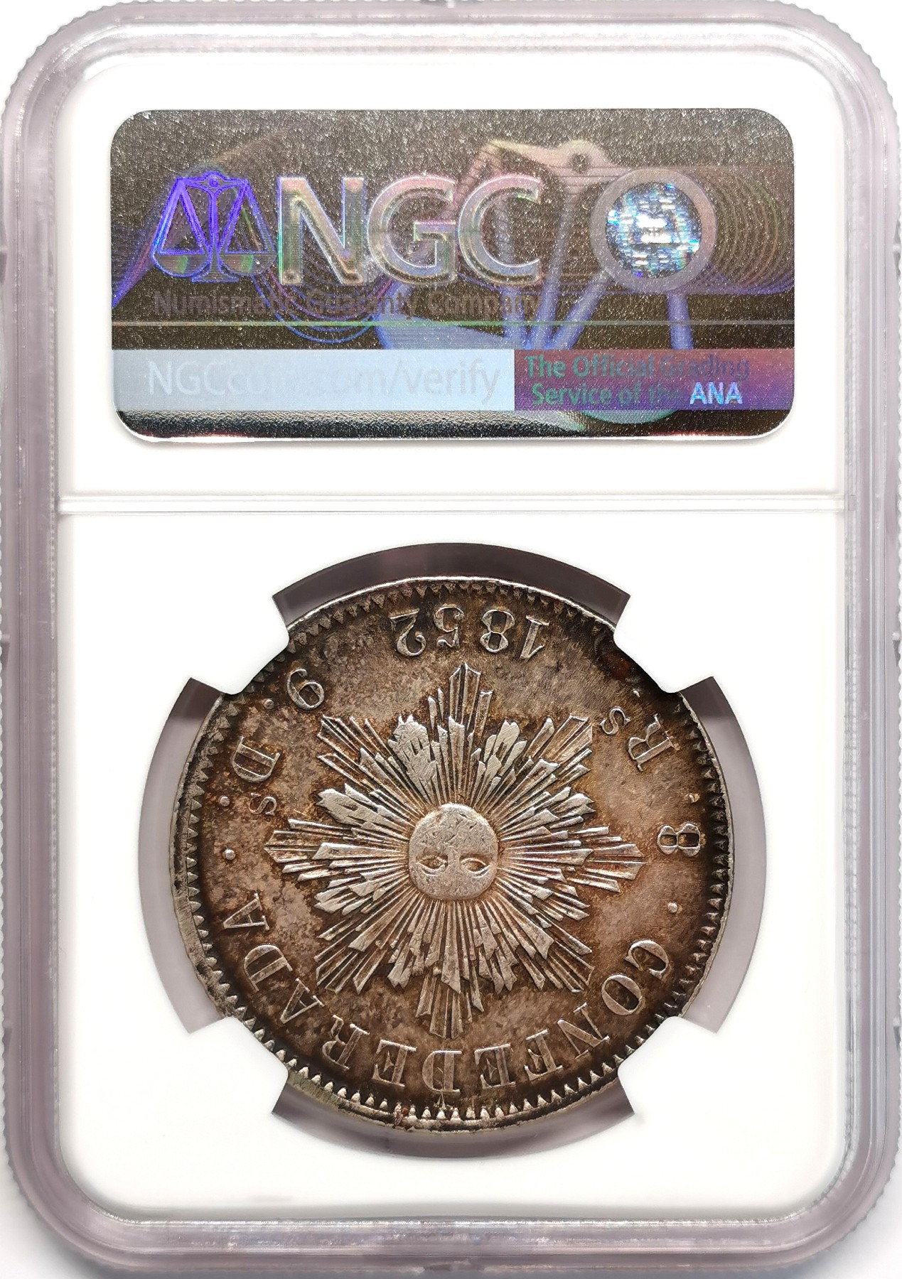 凡希社世界钱币微拍第二百四十八期 1852阿根廷太阳城堡8R大银NGC-XFD挂件取下