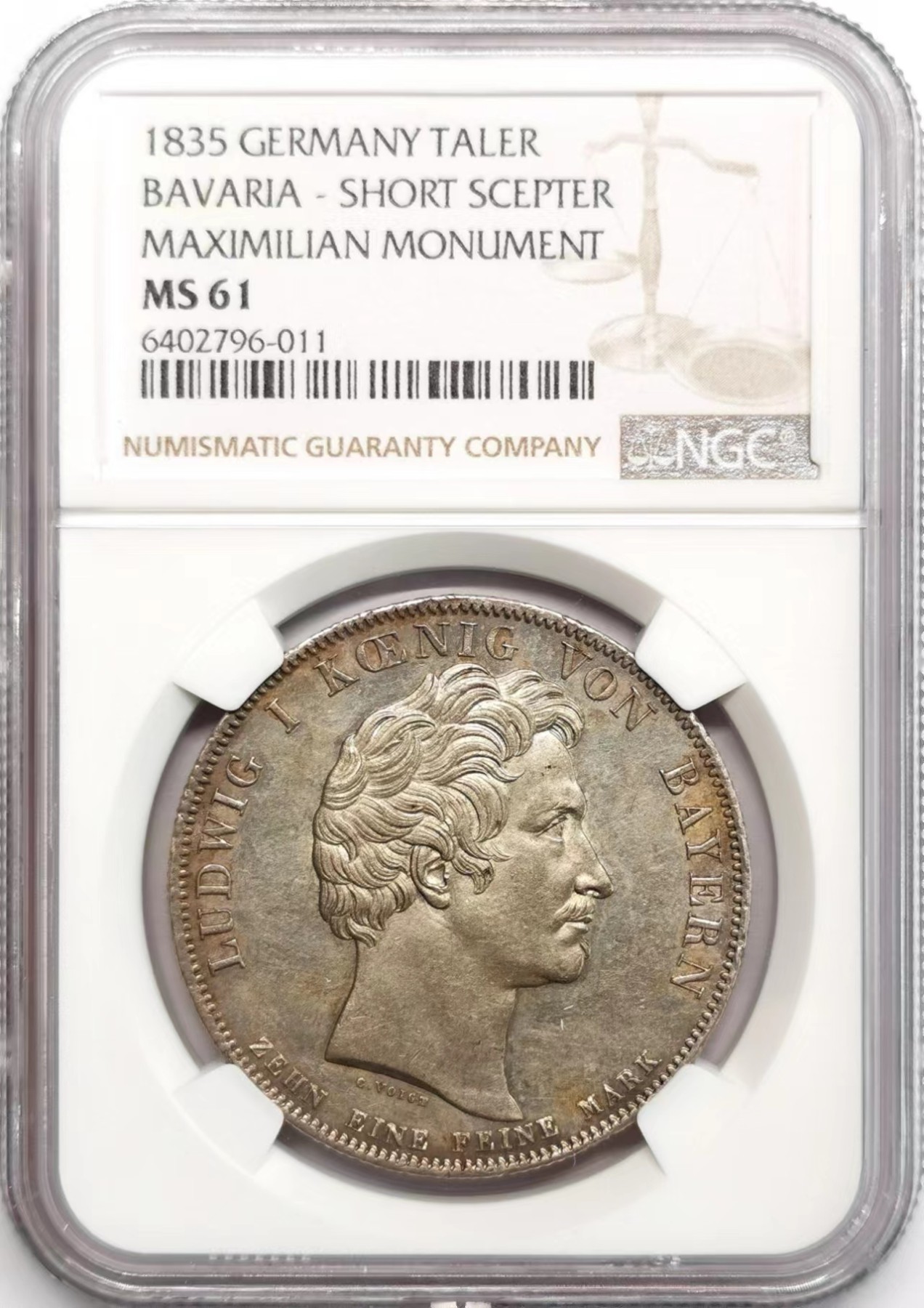 凡希社世界钱币微拍第二百四十八期 1835巴伐利亚马克西米利安纪念碑泰勒大银NGC-MS61