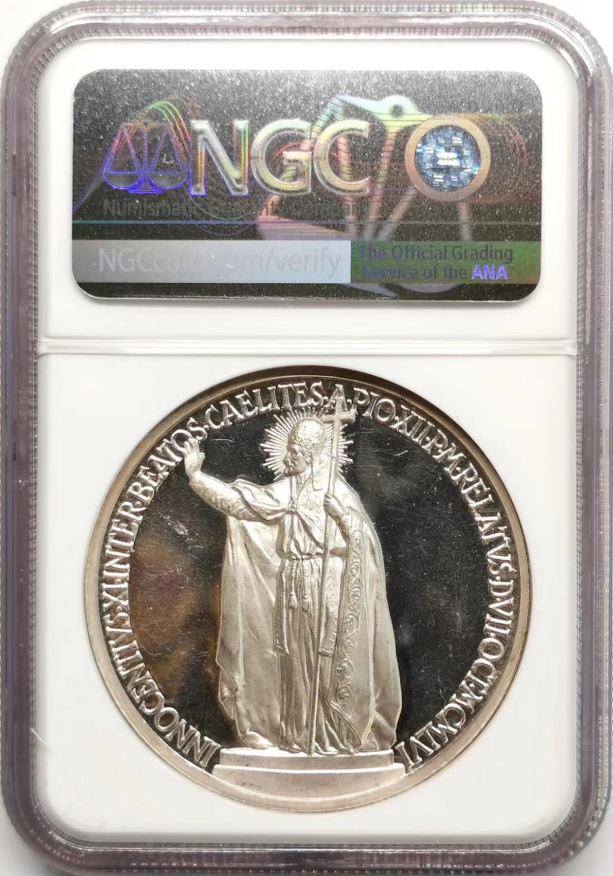 凡希社世界钱币微拍第二百四十八期 1957梵蒂冈英诺森十一世宣福礼纪念银章NGC-MS64