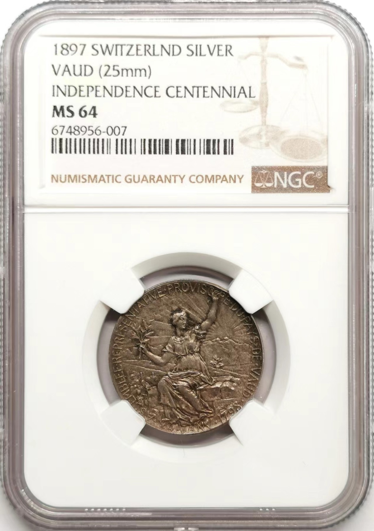 凡希社世界钱币微拍第二百四十八期 1897瑞士沃州独立百年纪念银章NGC-MS64