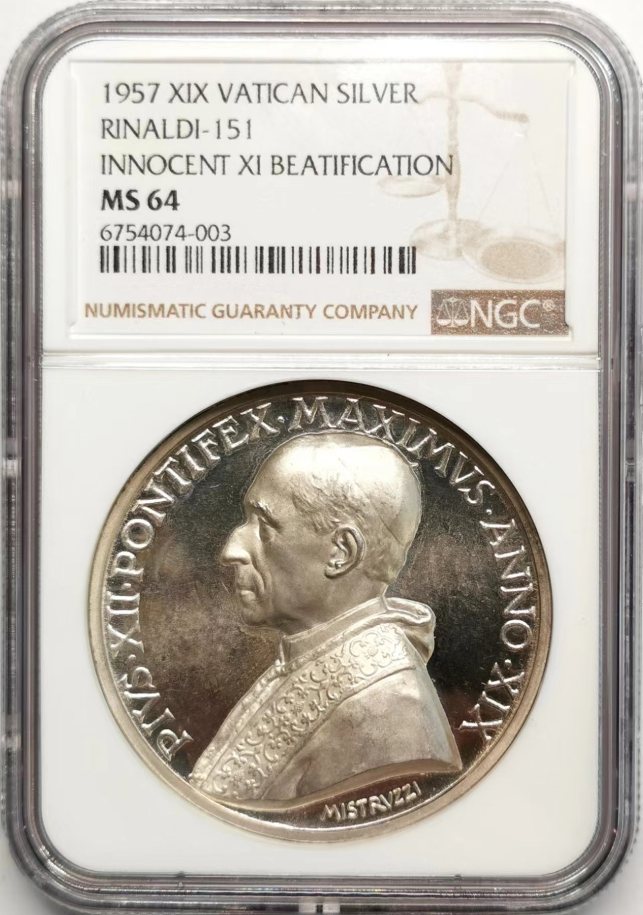 凡希社世界钱币微拍第二百四十八期 1957梵蒂冈英诺森十一世宣福礼纪念银章NGC-MS64