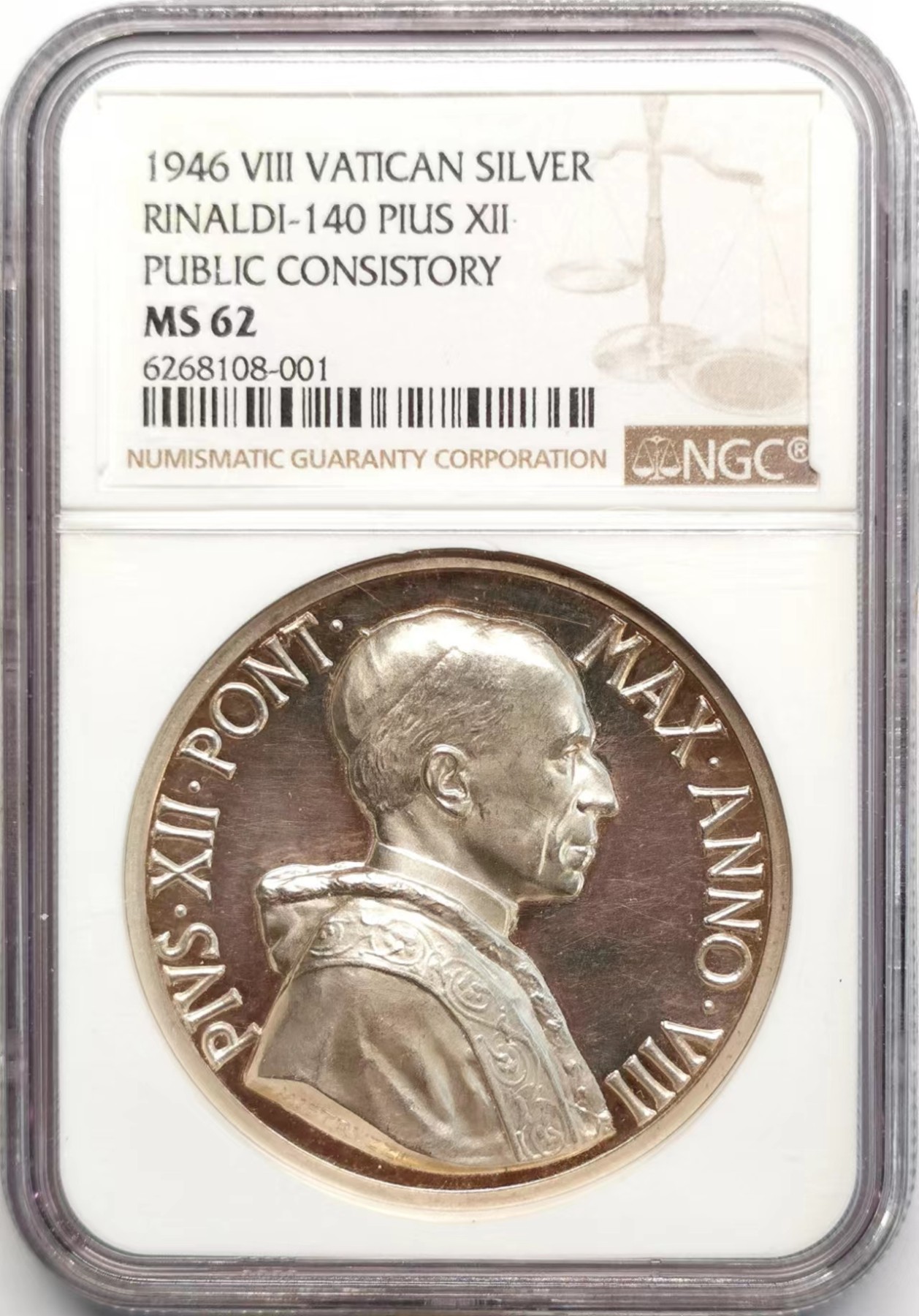 凡希社世界钱币微拍第二百四十八期 1946梵蒂冈枢机主教会议纪念银章NGC-MS62