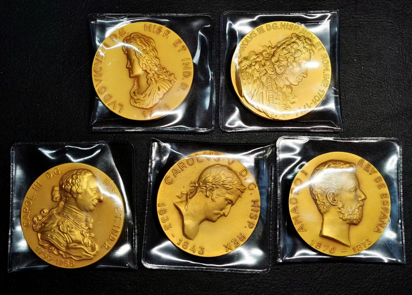 凡希社世界钱币微拍第二百四十八期 西班牙历任国王纪念大铜章五枚一组UNC状态极好！