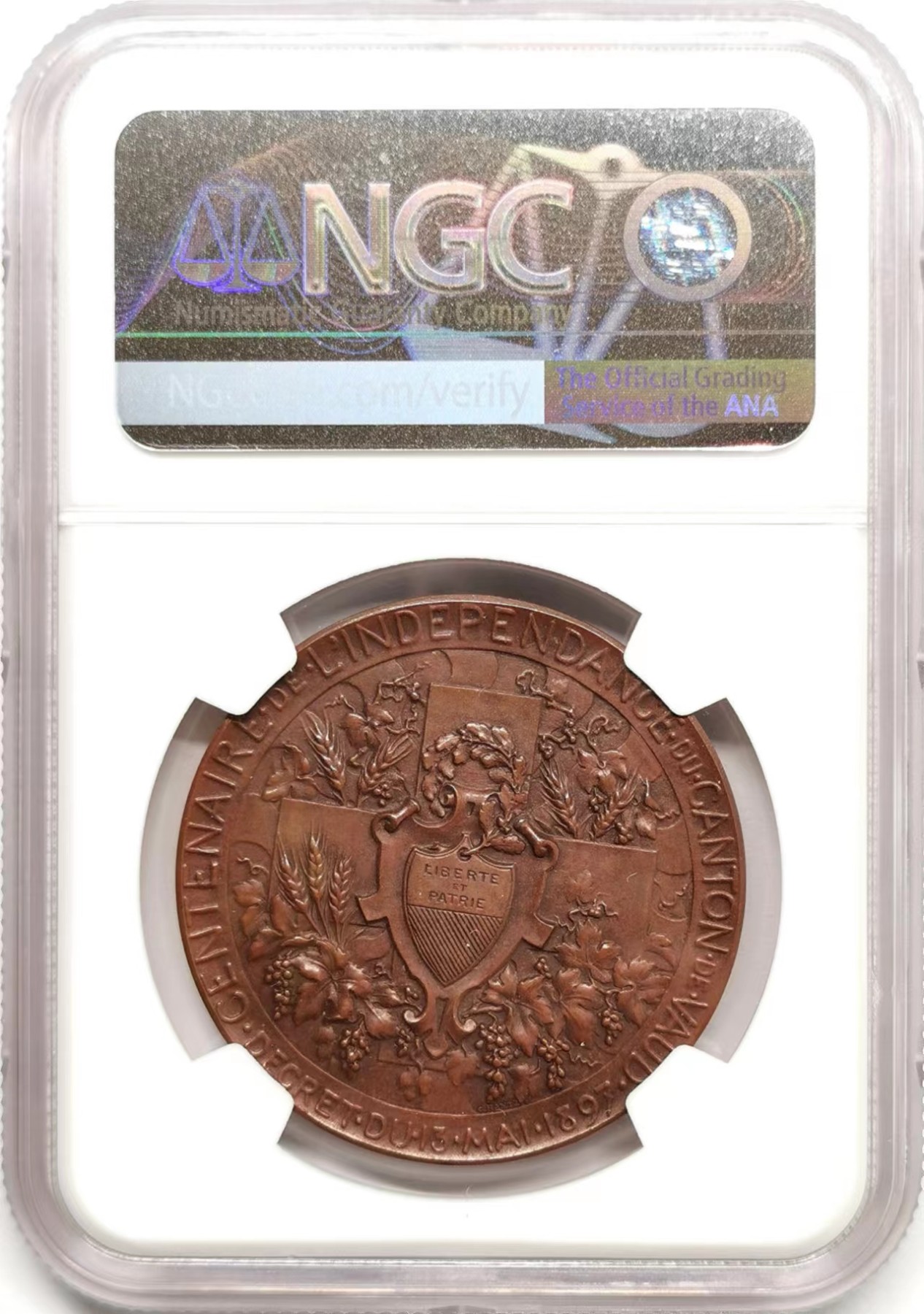凡希社世界钱币微拍第二百四十八期 1897瑞士沃州独立百年纪念铜章NGC-MS63