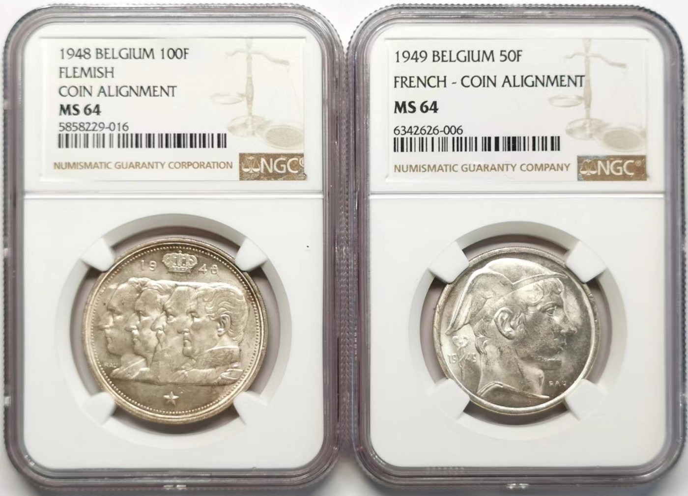 凡希社世界钱币微拍第二百四十八期 1948/9比利时50法郎/100法郎银币一对NGC-MS64