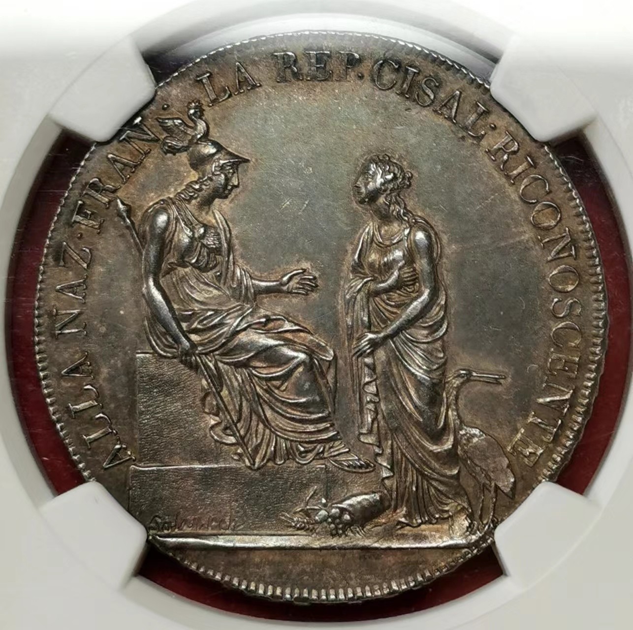 凡希社世界钱币微拍第二百四十八期 1800意大利阿尔卑斯山南共和国拿破仑马伦哥战役SCUDO大银NGC-AU58墨绿油彩实物极好！