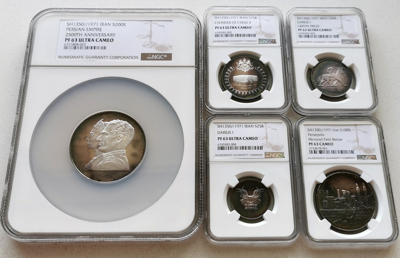 凡希社世界钱币微拍第二百四十八期 1971伊朗古代波斯文明精铸五枚套NGC-PF63原状态评级虹彩！