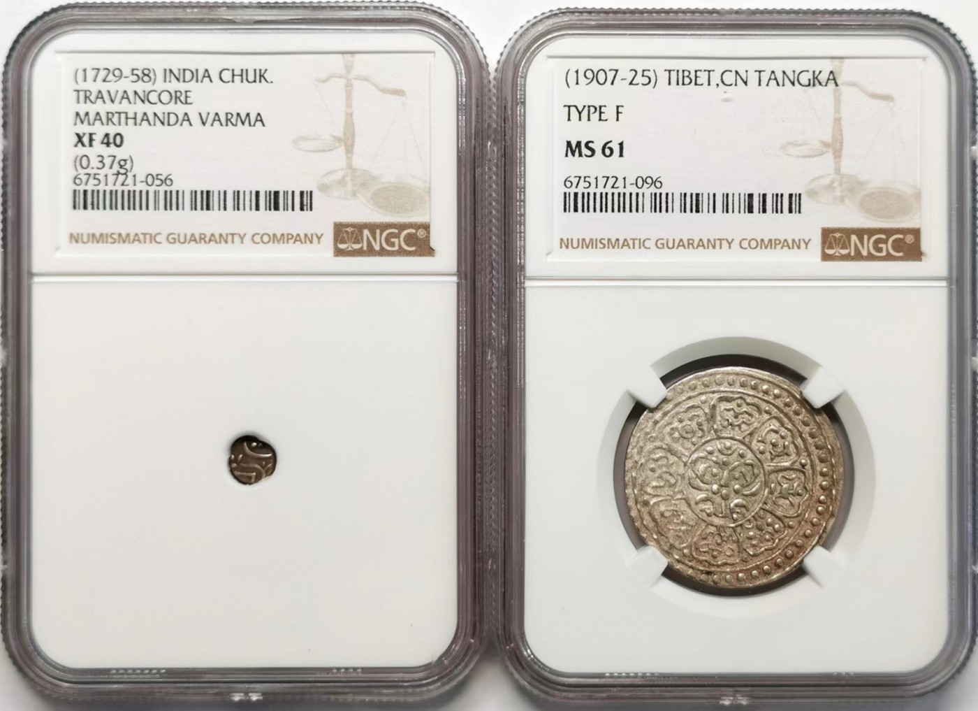 凡希社世界钱币微拍第二百四十八期 西藏印度特拉凡哥尔银币两枚一组NGC