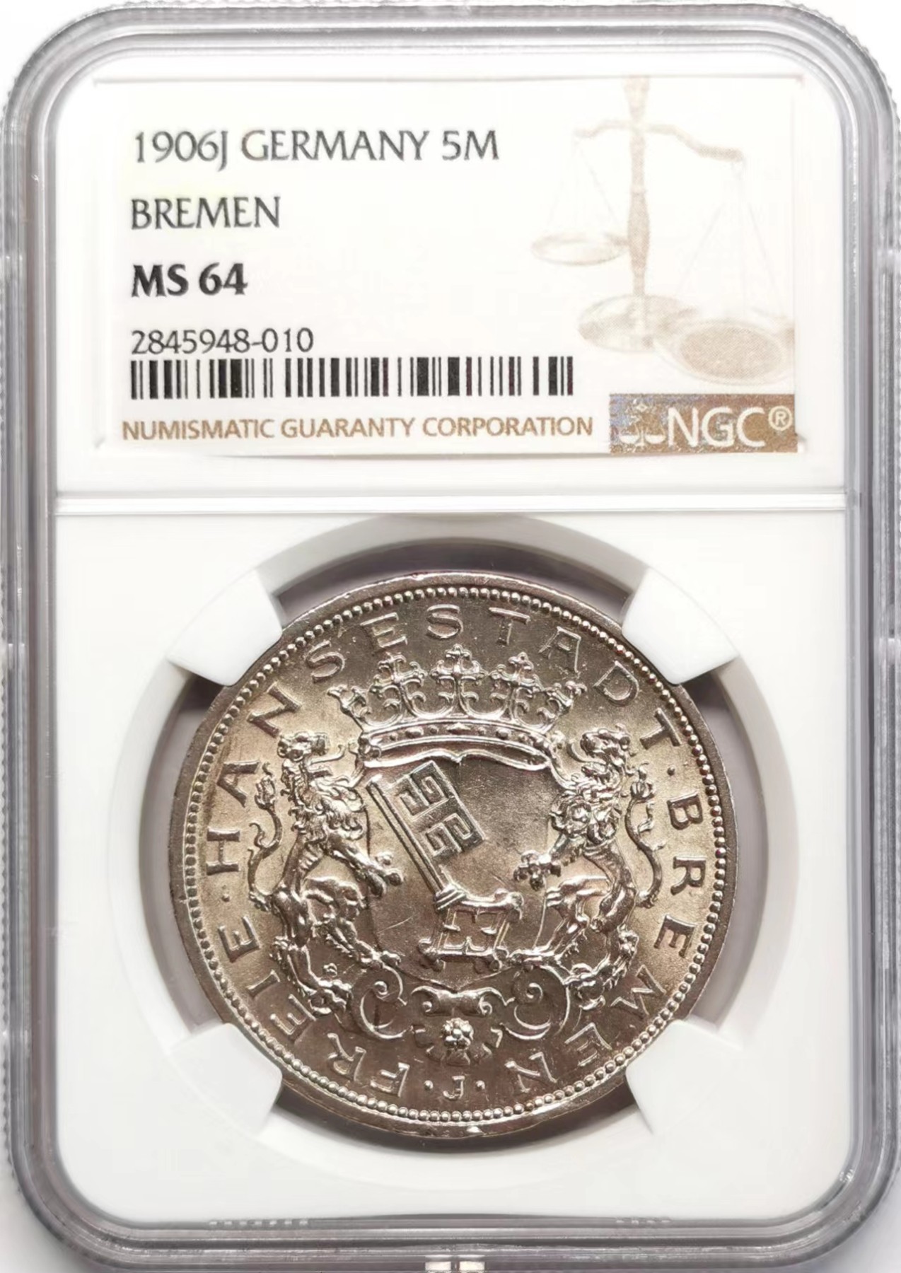 凡希社世界钱币微拍第二百四十八期 1906J不来梅城徽5马克大银NGC-MS64