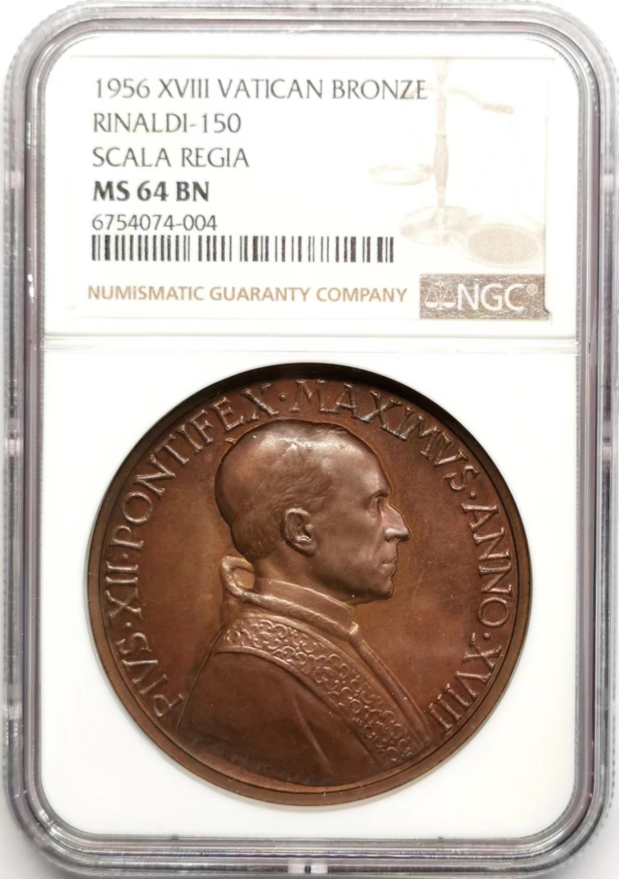 凡希社世界钱币微拍第二百四十八期 1956梵蒂冈庇护十二世纪念铜章NGC-MS64